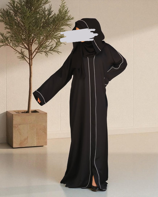 Front Open Abaya in Firdaus Fabric with Contrast Detailing, Wide Sleeves, V-Neck & Side Pockets