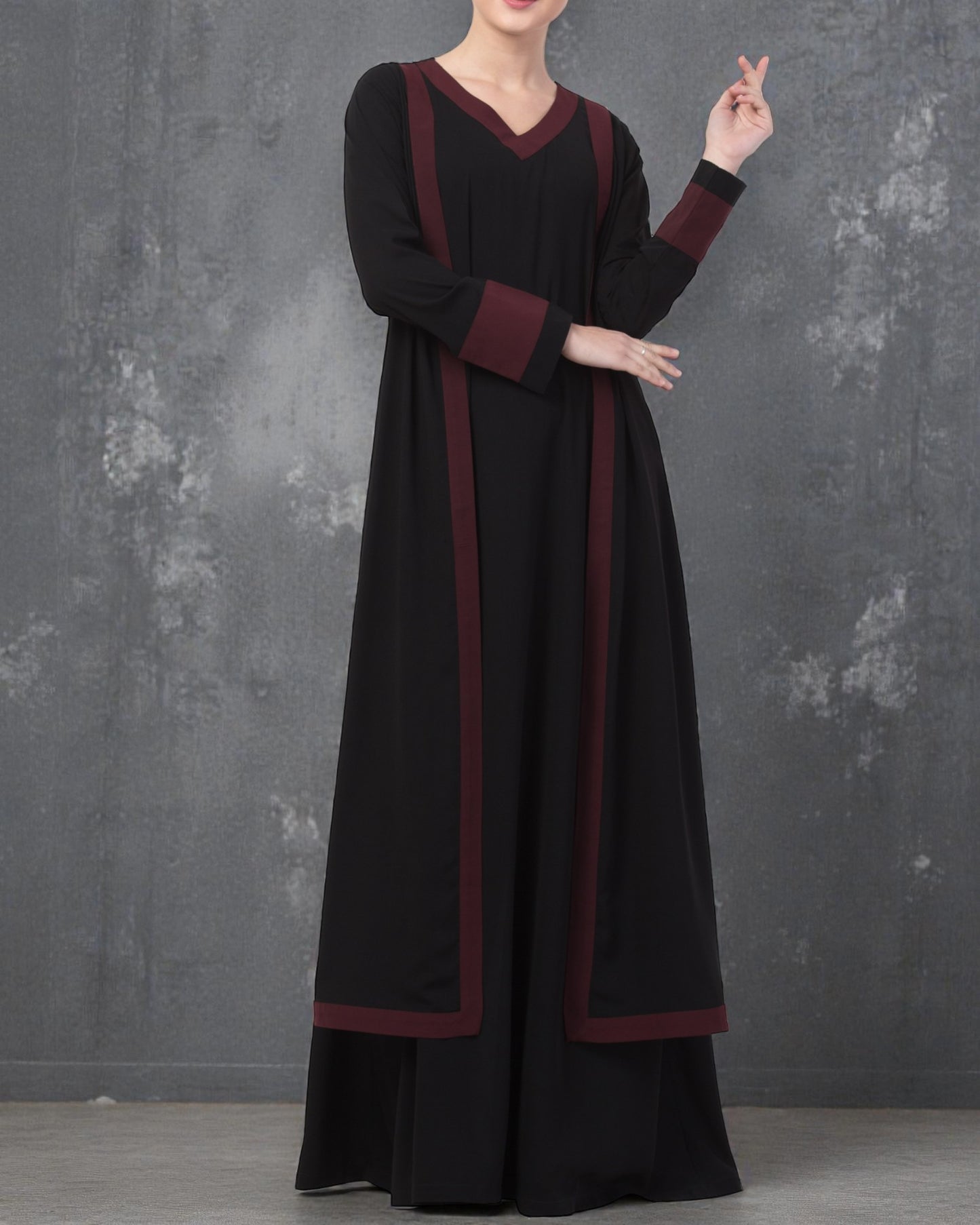 Musheco Stylish Abaya Dress With Attached Shrug and Contrast Panels
