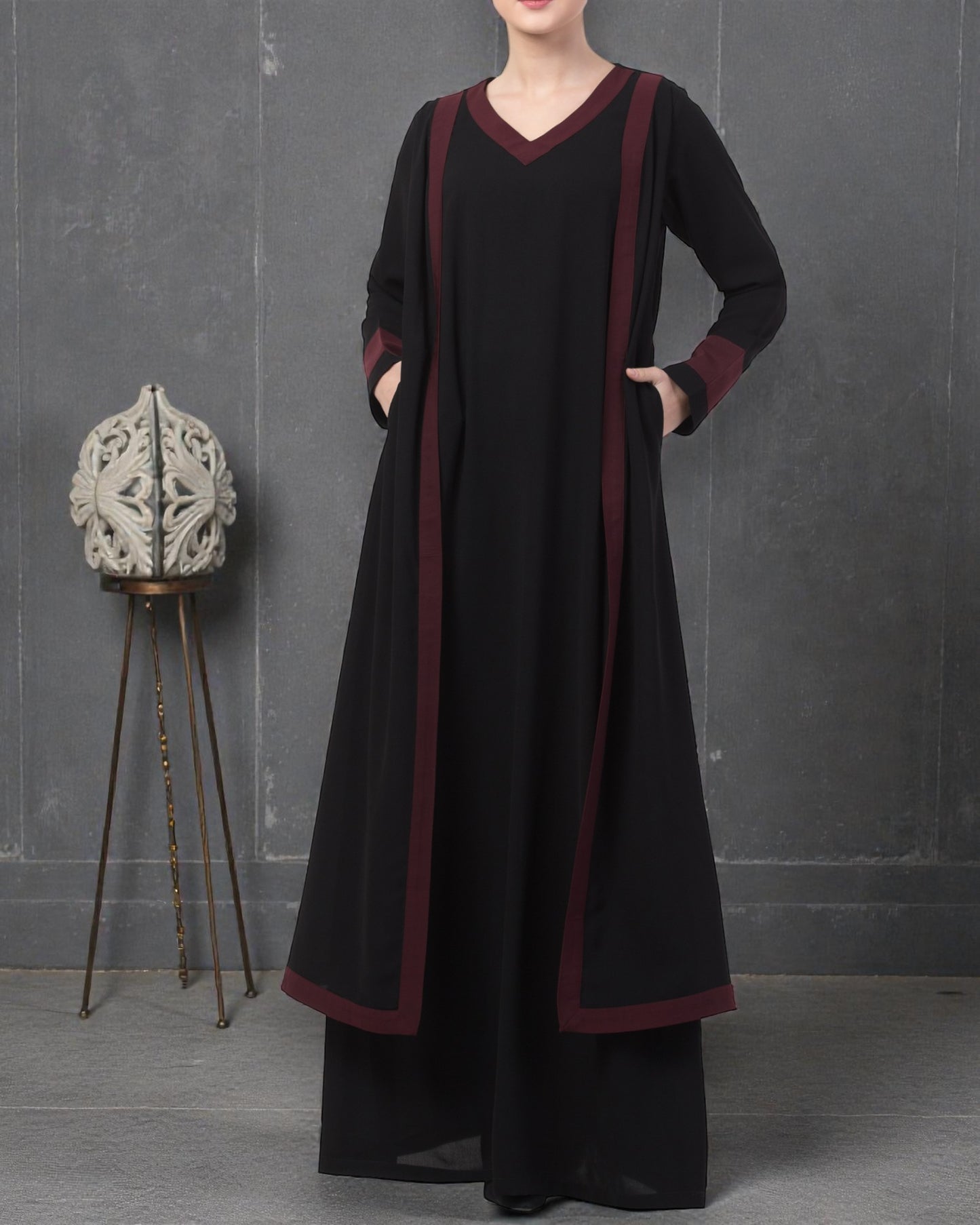 Musheco Stylish Abaya Dress With Attached Shrug and Contrast Panels