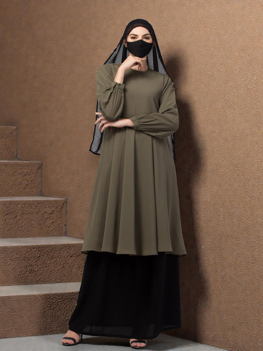 "Elegant Co-ord Set: Flared Long Top and Elasticated Waistband Skirt"