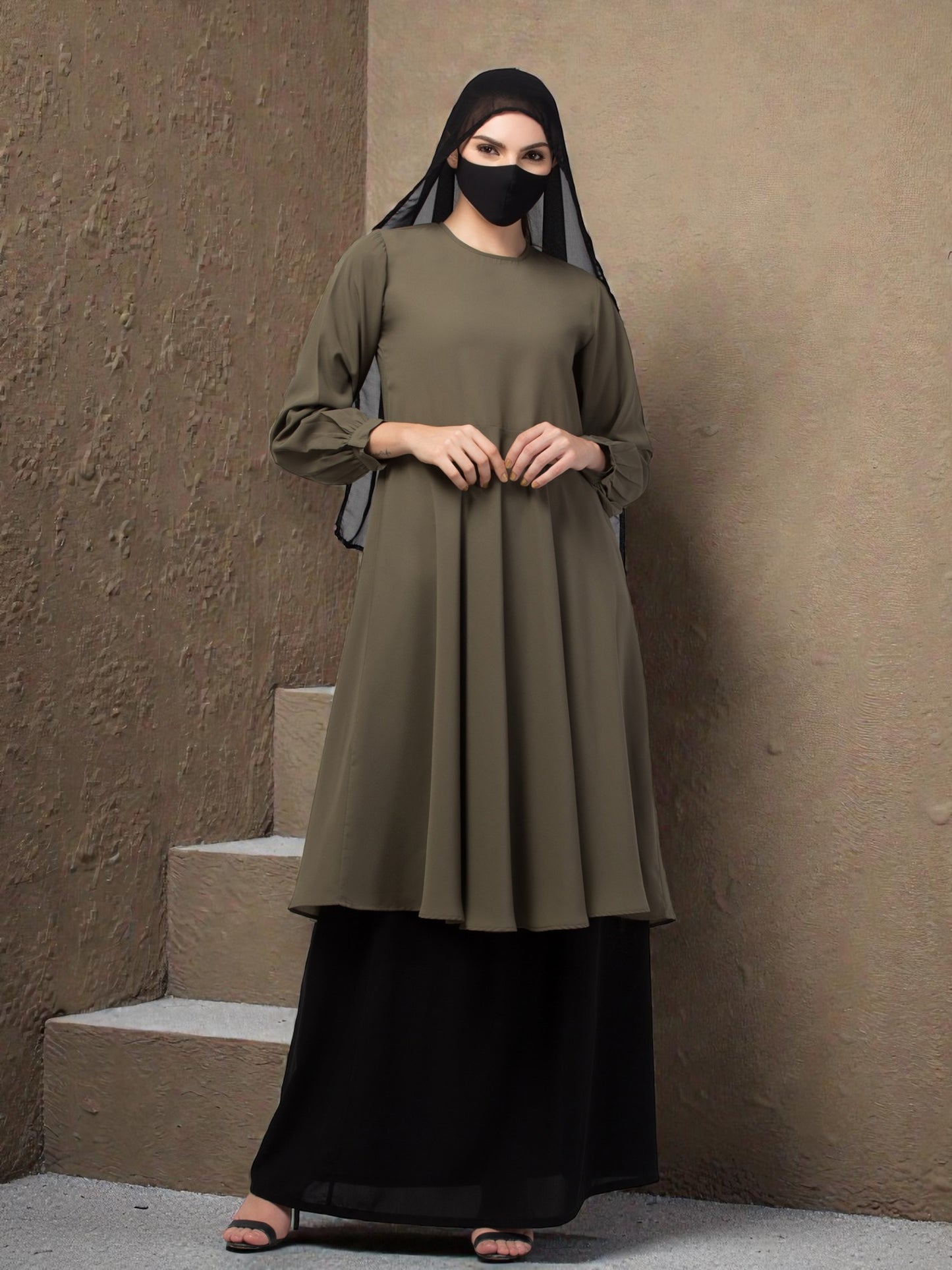 "Elegant Co-ord Set: Flared Long Top and Elasticated Waistband Skirt"