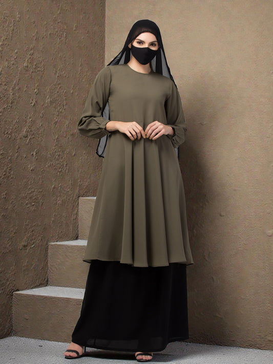 "Elegant Co-ord Set: Flared Long Top and Elasticated Waistband Skirt"