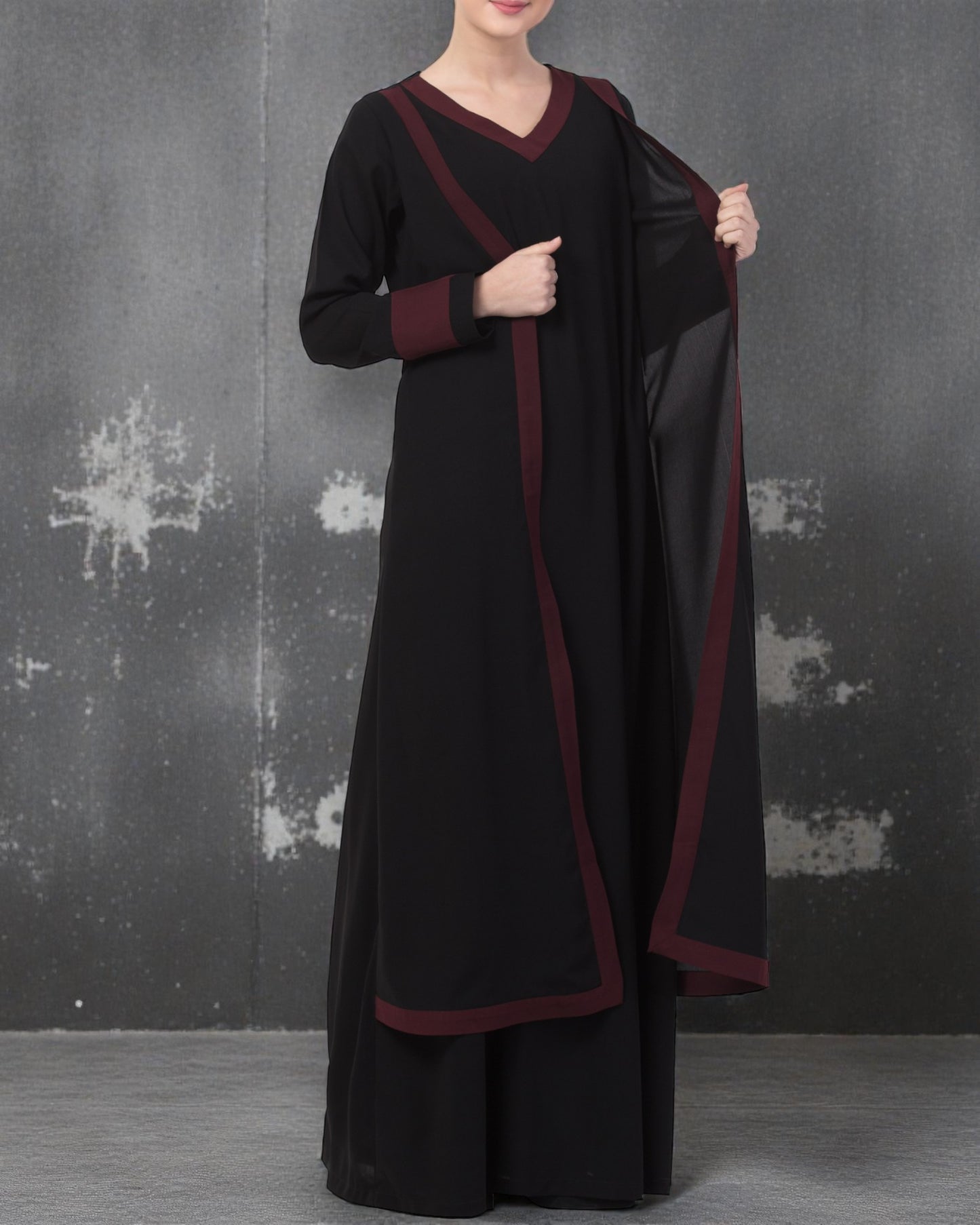 Musheco Stylish Abaya Dress With Attached Shrug and Contrast Panels