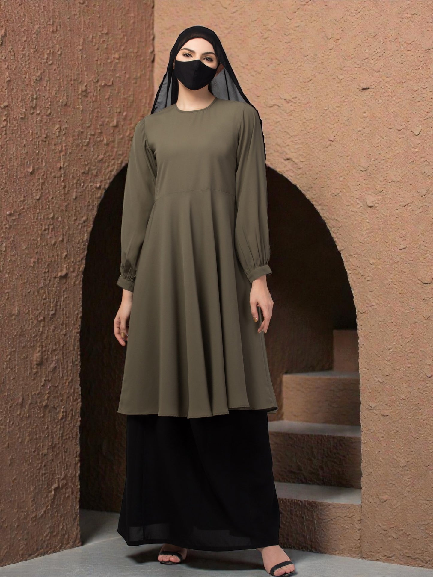 "Elegant Co-ord Set: Flared Long Top and Elasticated Waistband Skirt"