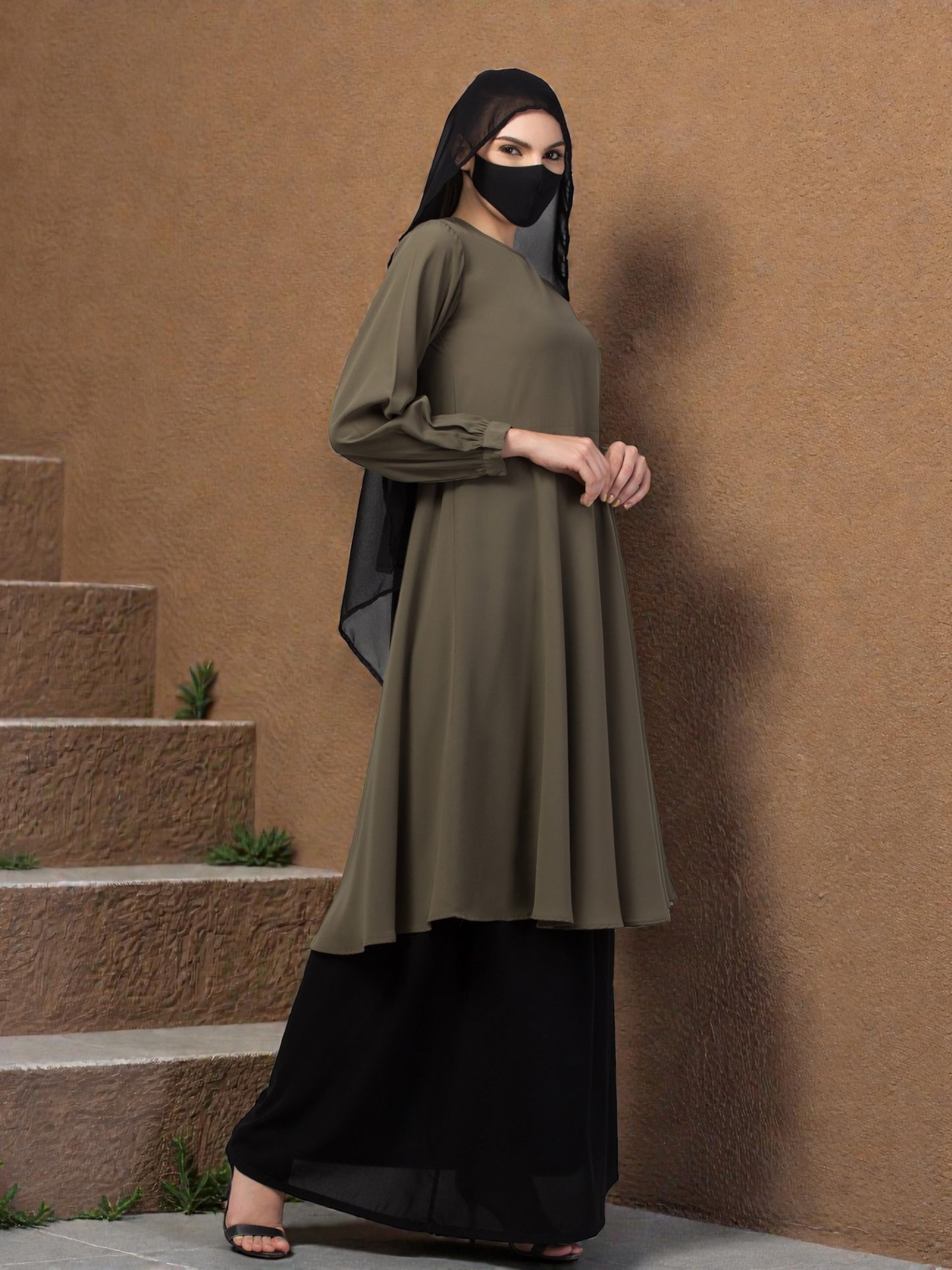 "Elegant Co-ord Set: Flared Long Top and Elasticated Waistband Skirt"