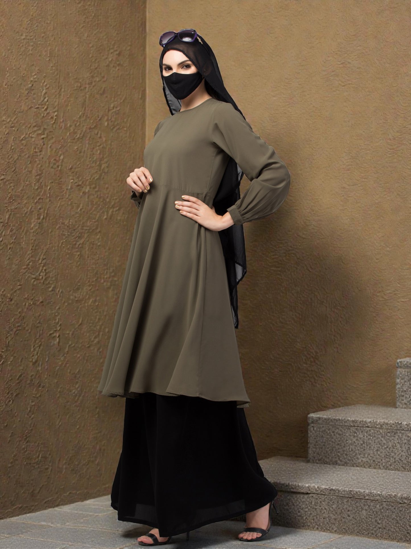 "Elegant Co-ord Set: Flared Long Top and Elasticated Waistband Skirt"