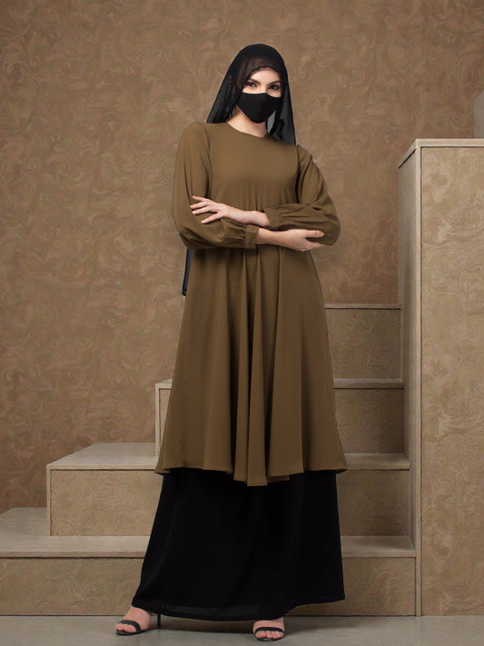 "Elegant Co-ord Set: Flared Long Top and Elasticated Waistband Skirt"