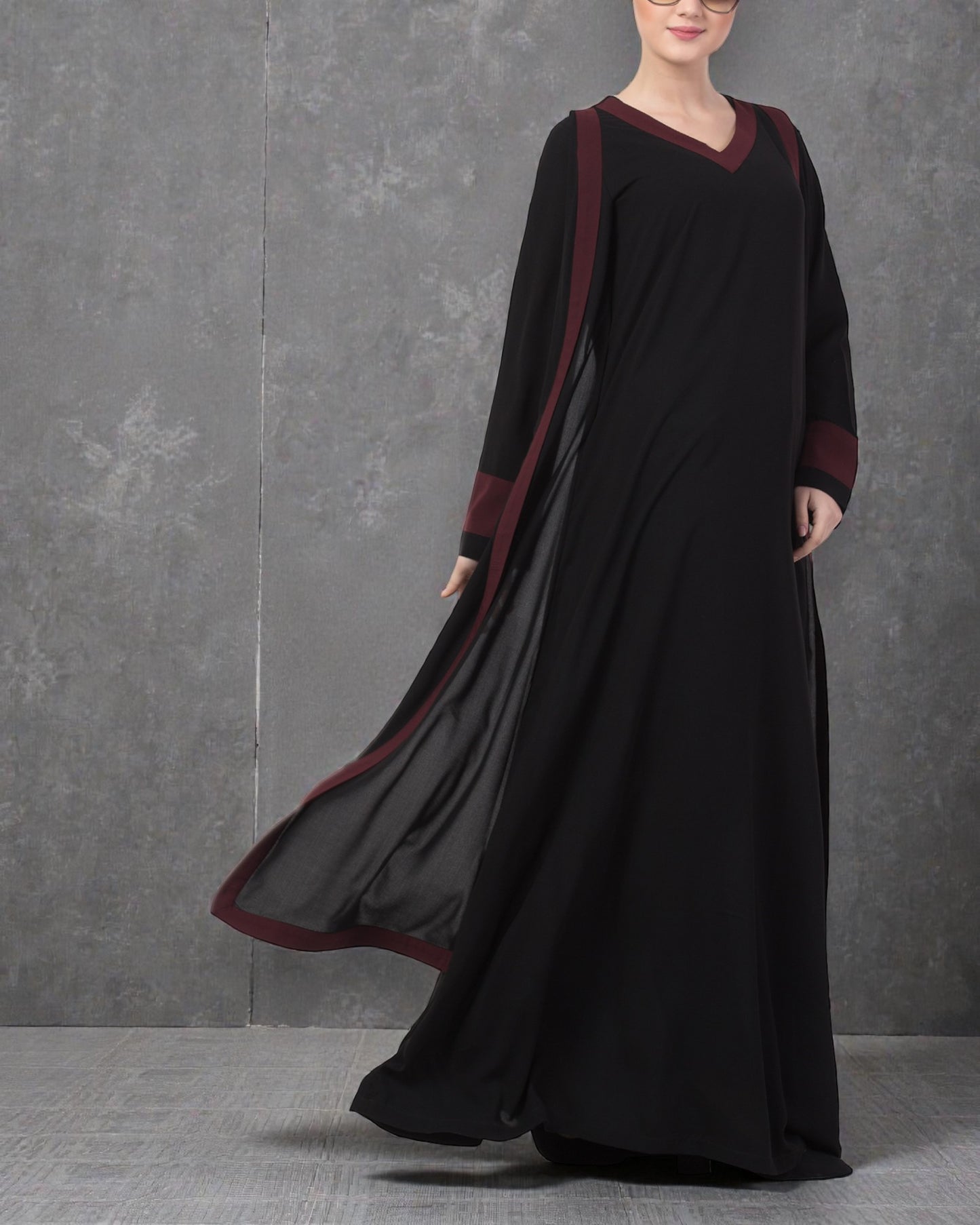 Musheco Stylish Abaya Dress With Attached Shrug and Contrast Panels