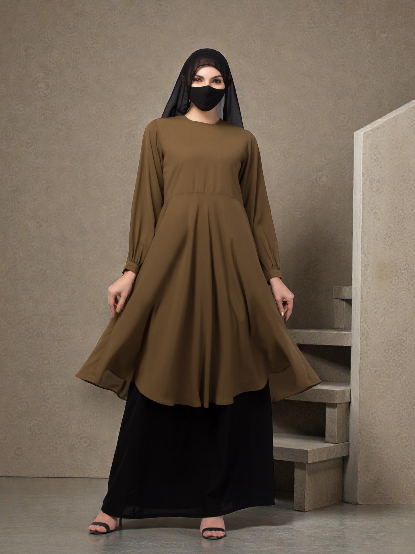 "Elegant Co-ord Set: Flared Long Top and Elasticated Waistband Skirt"