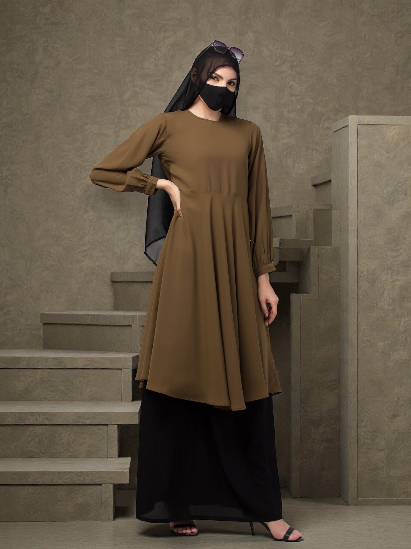 "Elegant Co-ord Set: Flared Long Top and Elasticated Waistband Skirt"