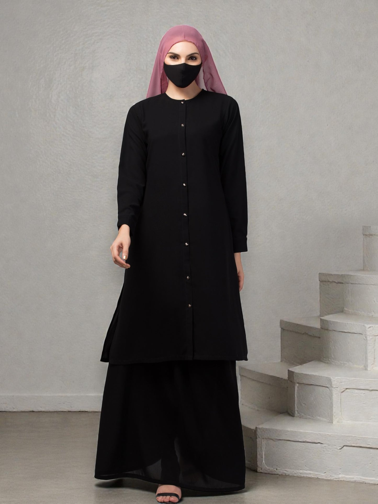 Modest Co-ord Set: Long Cuffed Top with Open Front and Elasticated Skirt
