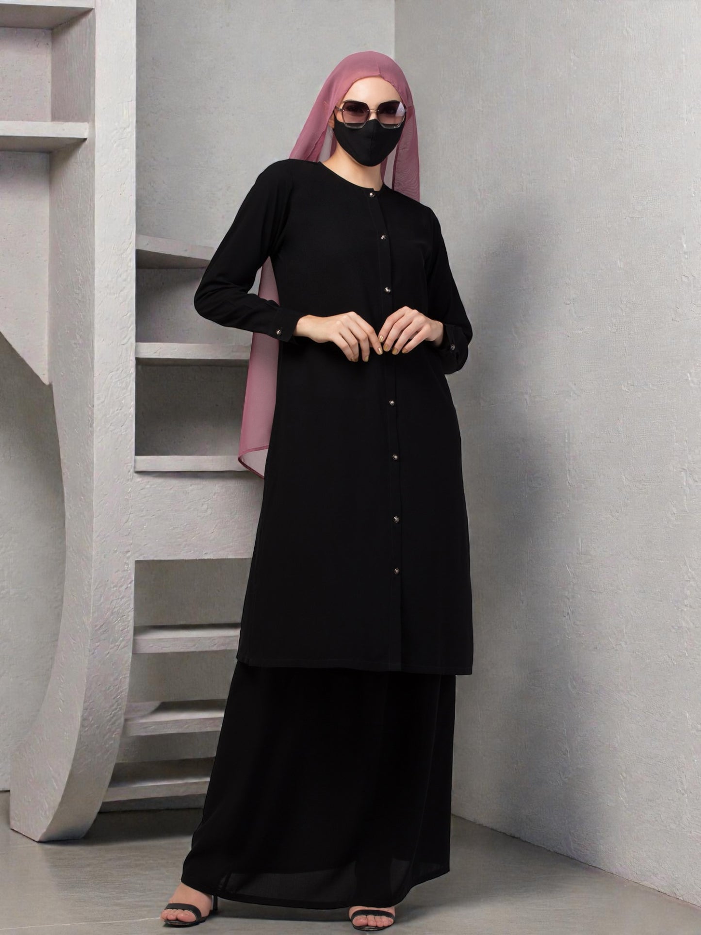 Modest Co-ord Set: Long Cuffed Top with Open Front and Elasticated Skirt
