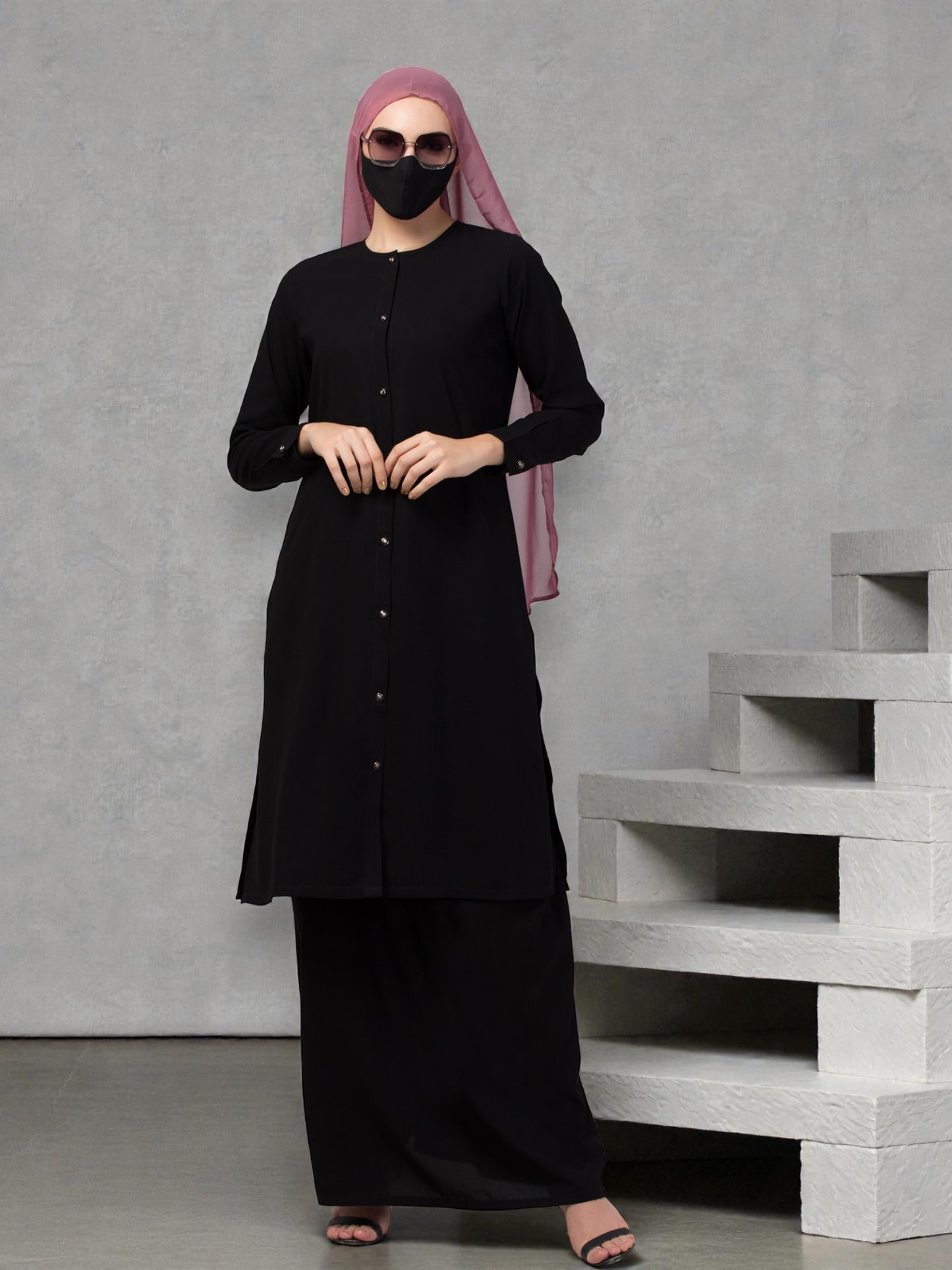Modest Co-ord Set: Long Cuffed Top with Open Front and Elasticated Skirt
