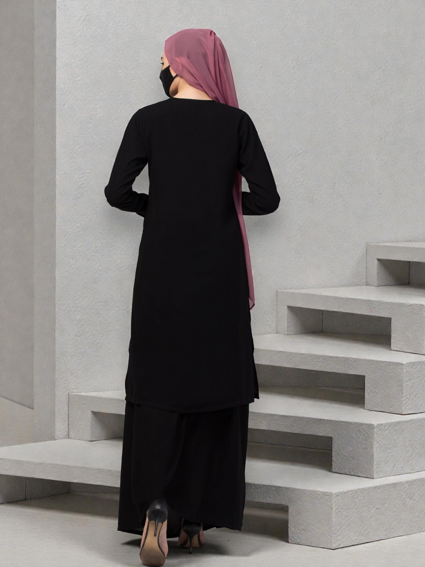 Modest Co-ord Set: Long Cuffed Top with Open Front and Elasticated Skirt