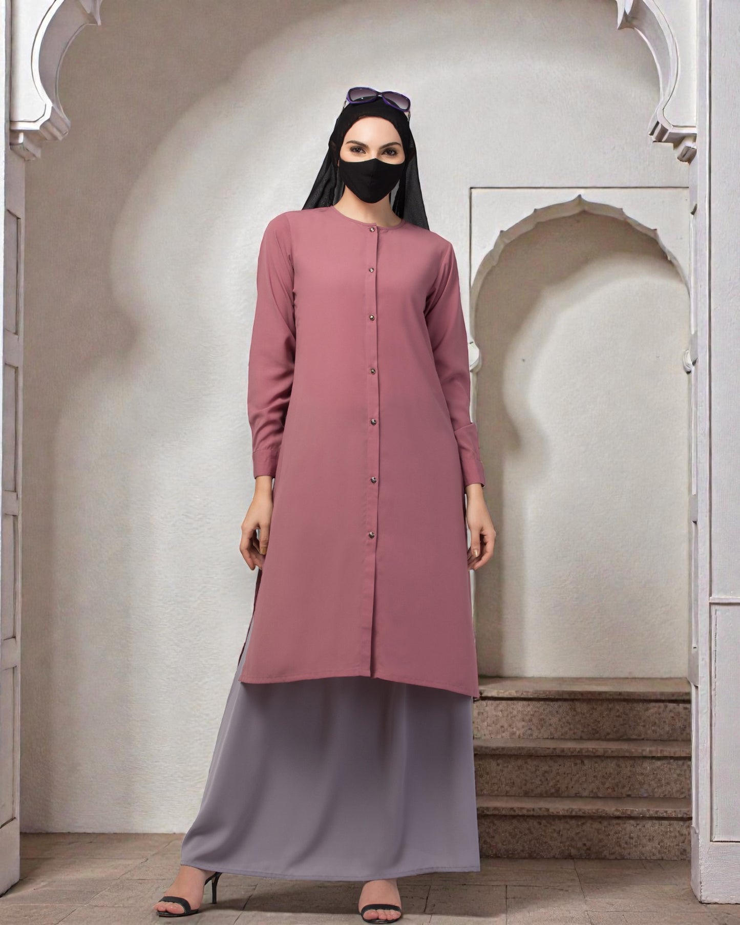 Modest Co-ord Set: Long Cuffed Top with Open Front and Elasticated Skirt