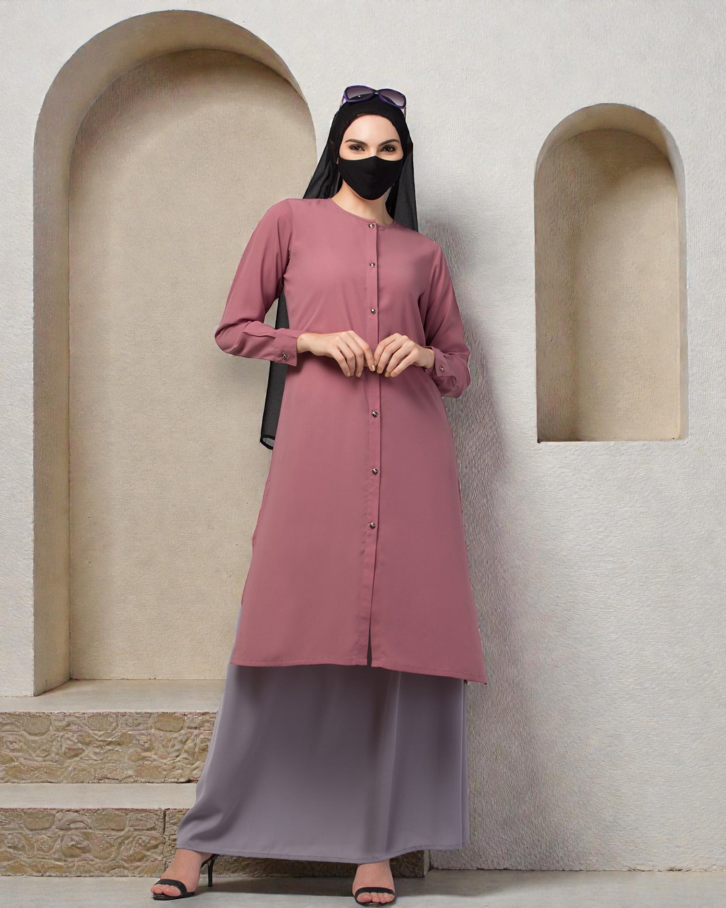 Modest Co-ord Set: Long Cuffed Top with Open Front and Elasticated Skirt