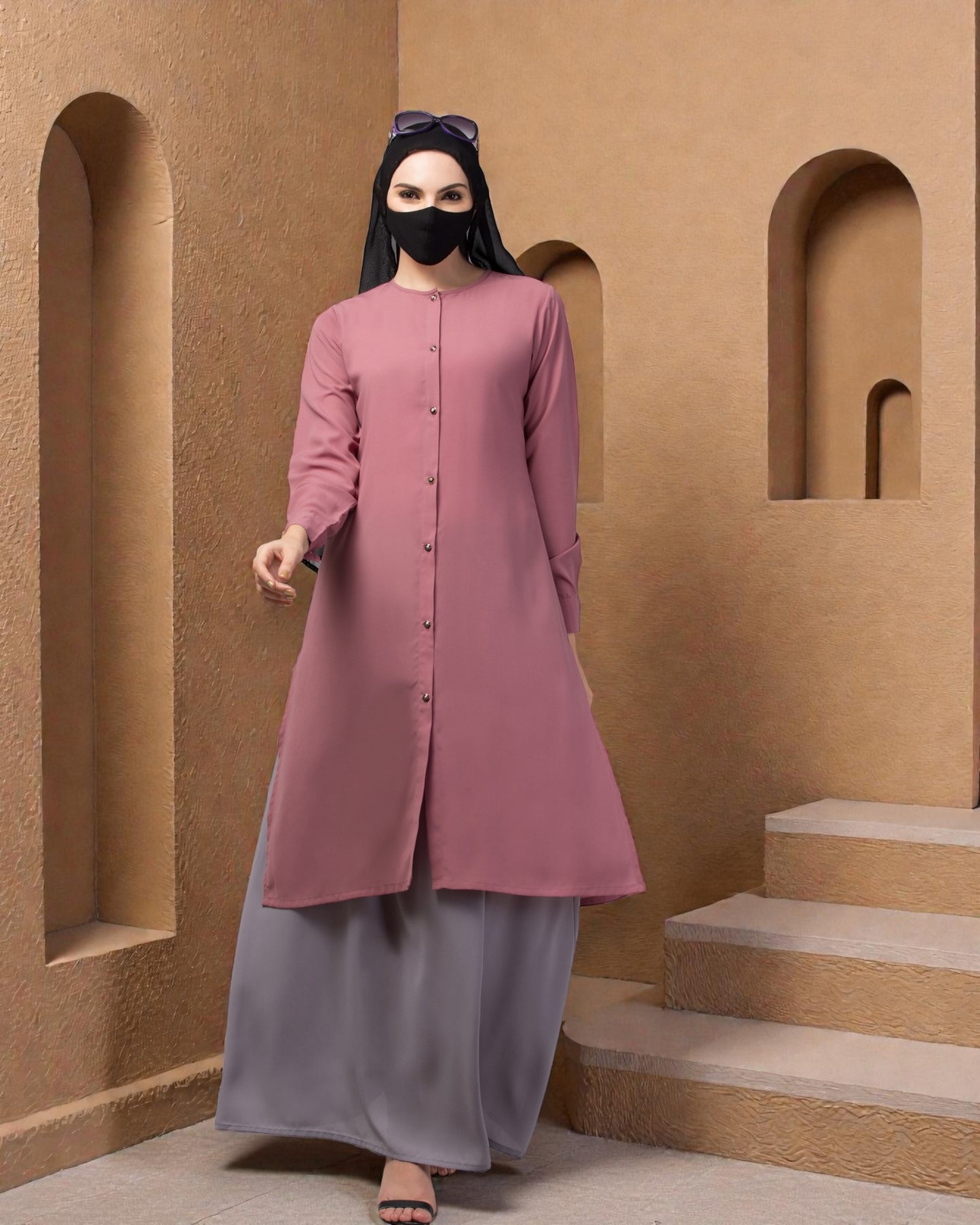 Modest Co-ord Set: Long Cuffed Top with Open Front and Elasticated Skirt