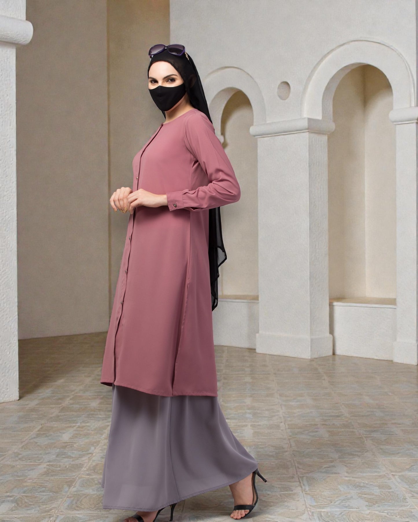 Modest Co-ord Set: Long Cuffed Top with Open Front and Elasticated Skirt