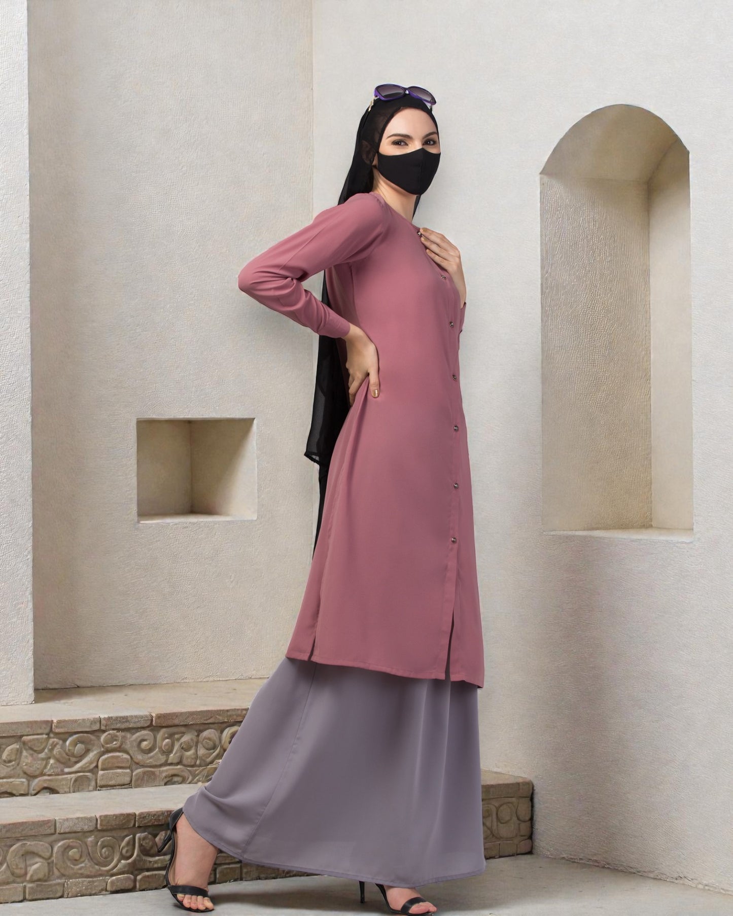 Modest Co-ord Set: Long Cuffed Top with Open Front and Elasticated Skirt