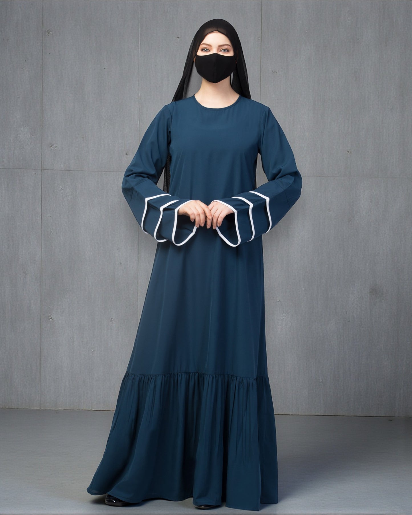 Abaya Dress With Frills and Triple Piping On Sleeves.