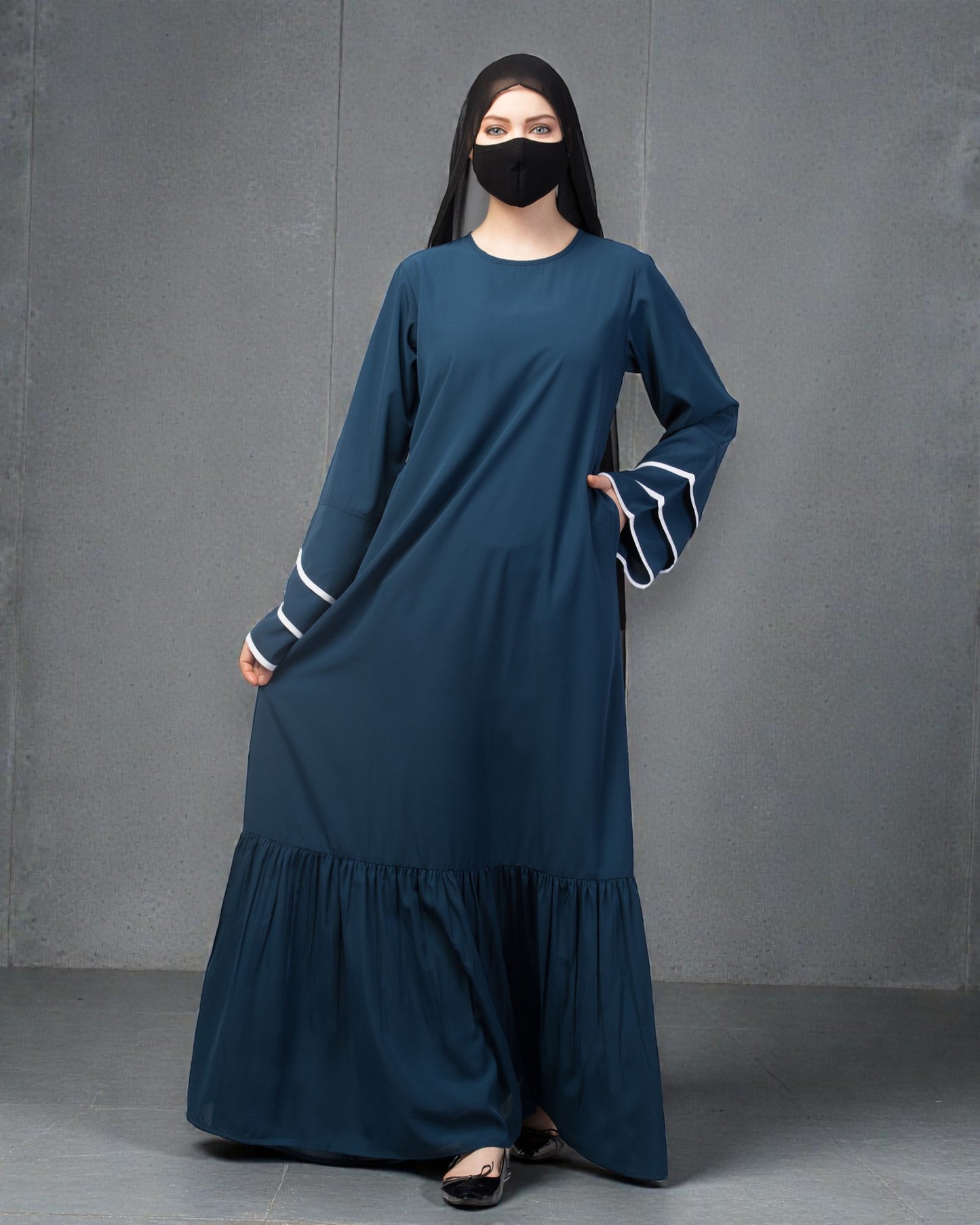 Abaya Dress With Frills and Triple Piping On Sleeves.