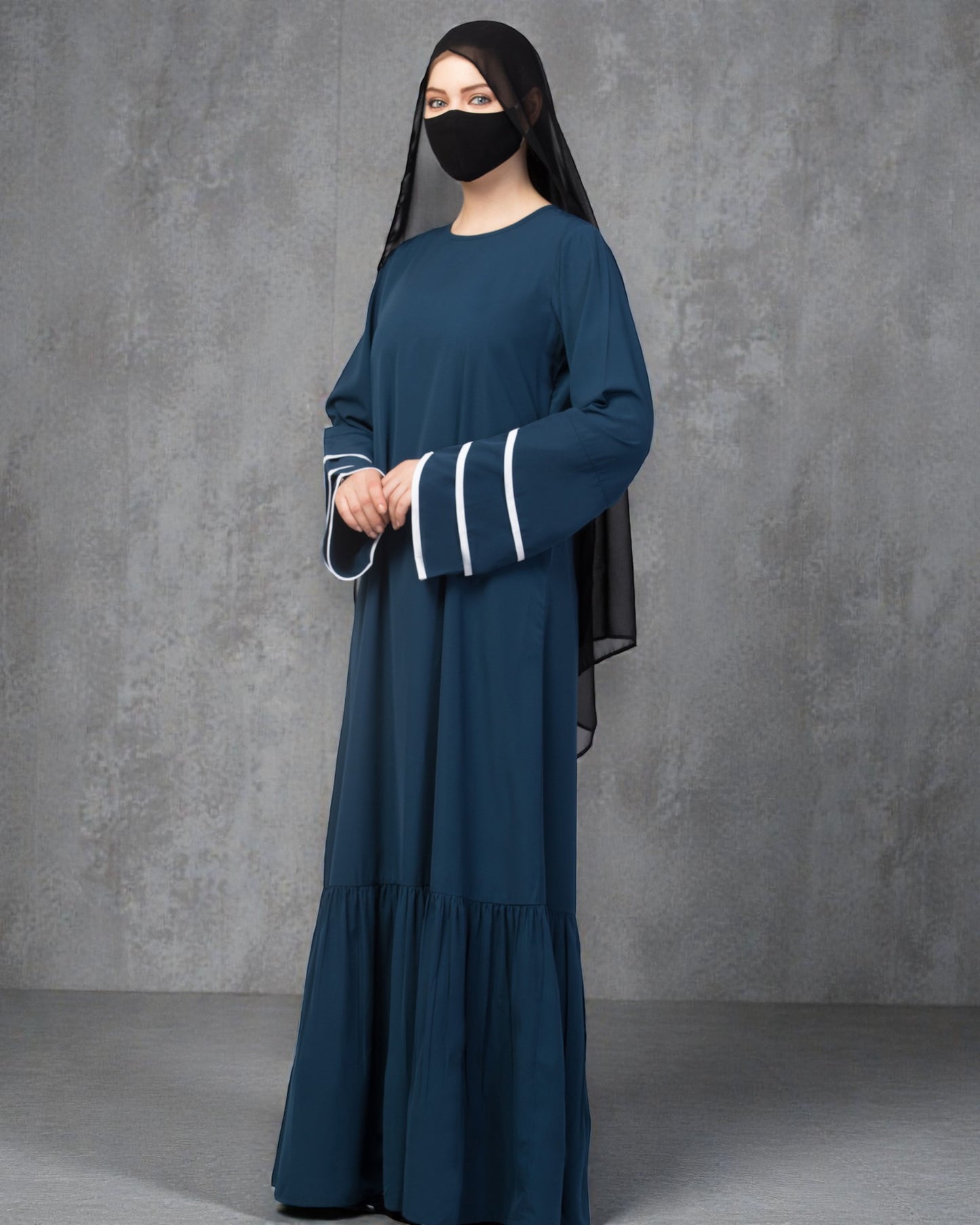 Abaya Dress With Frills and Triple Piping On Sleeves.