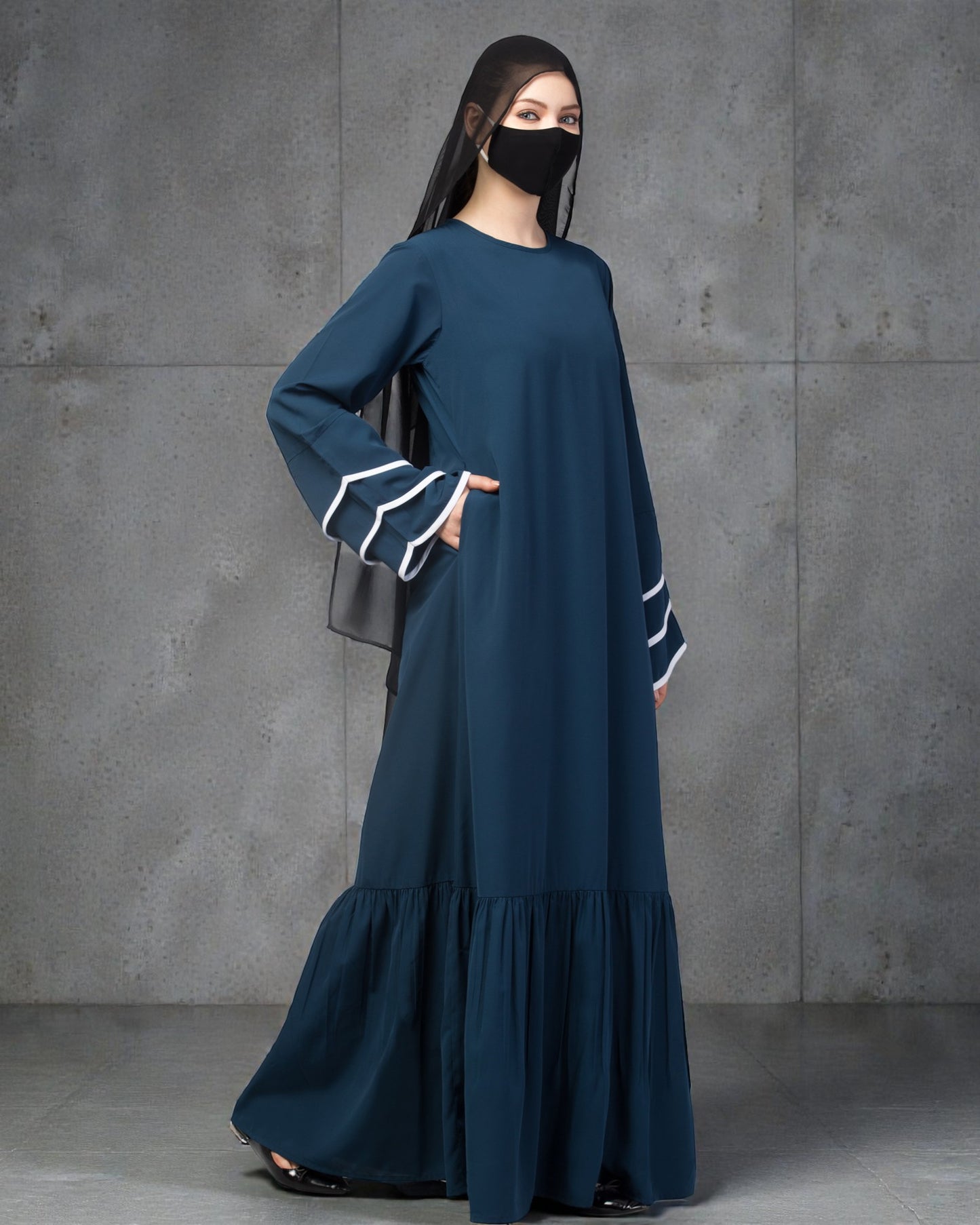 Abaya Dress With Frills and Triple Piping On Sleeves.