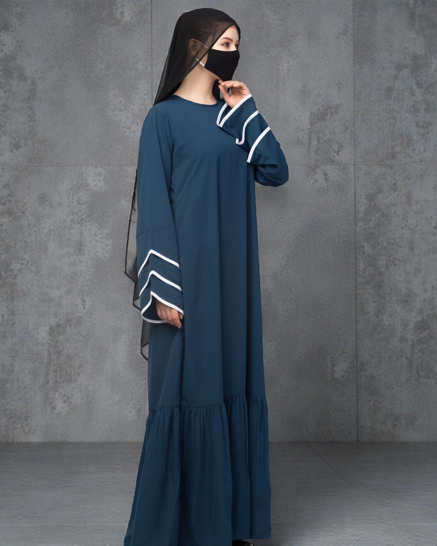 Abaya Dress With Frills and Triple Piping On Sleeves.