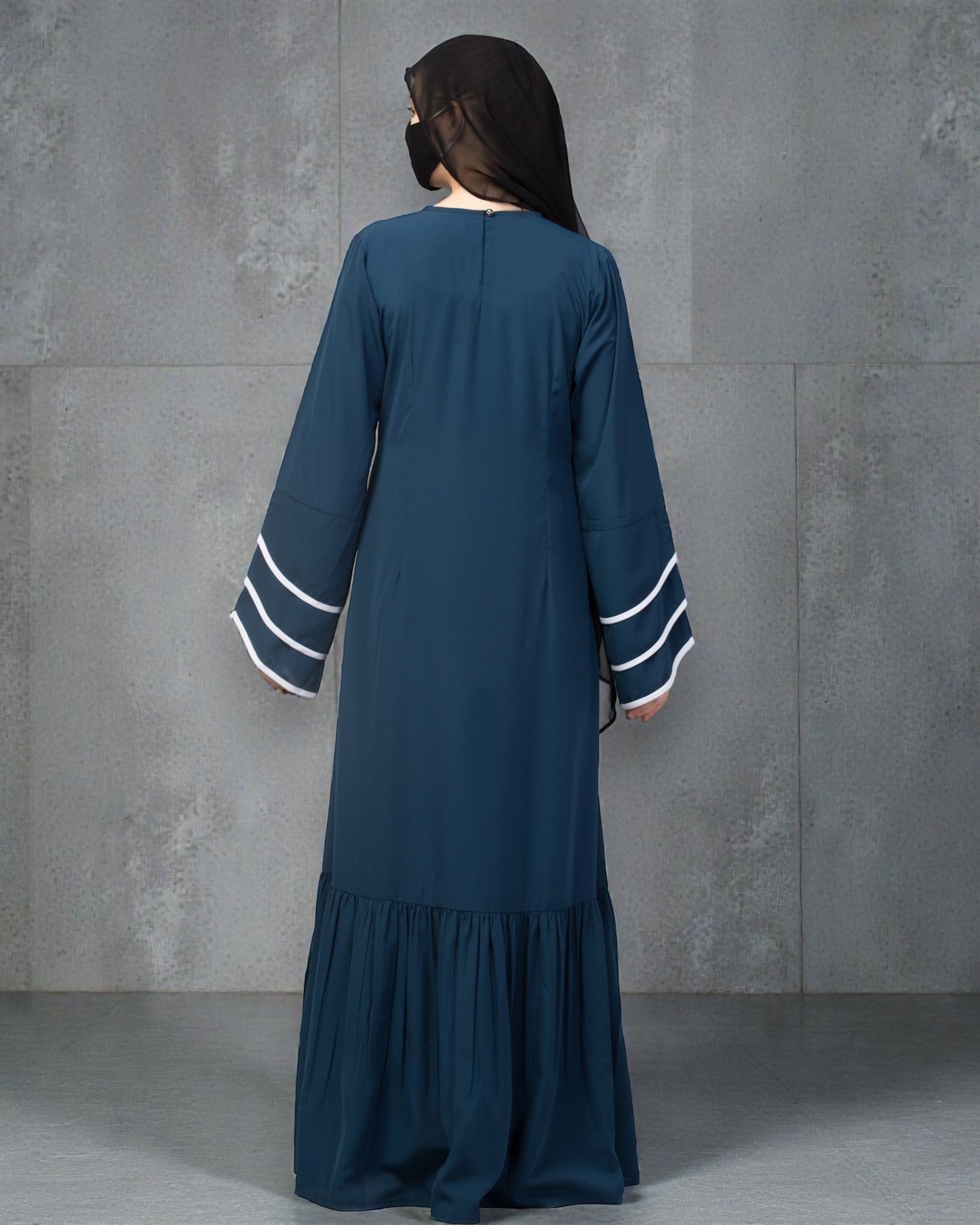 Abaya Dress With Frills and Triple Piping On Sleeves.