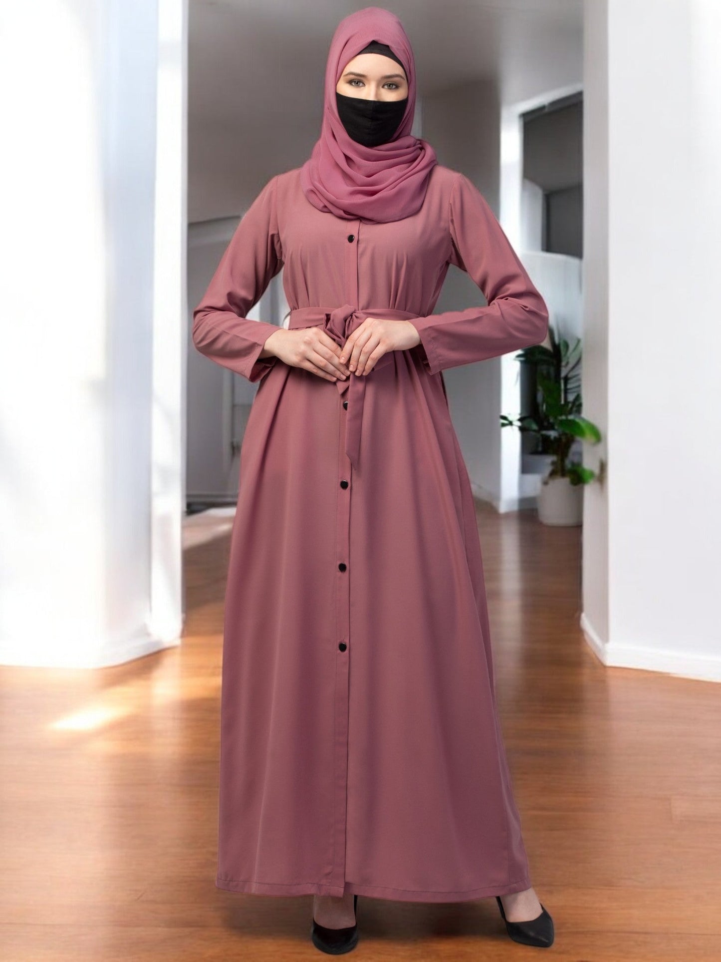 Front Open Abaya With Matching Fabric Belt