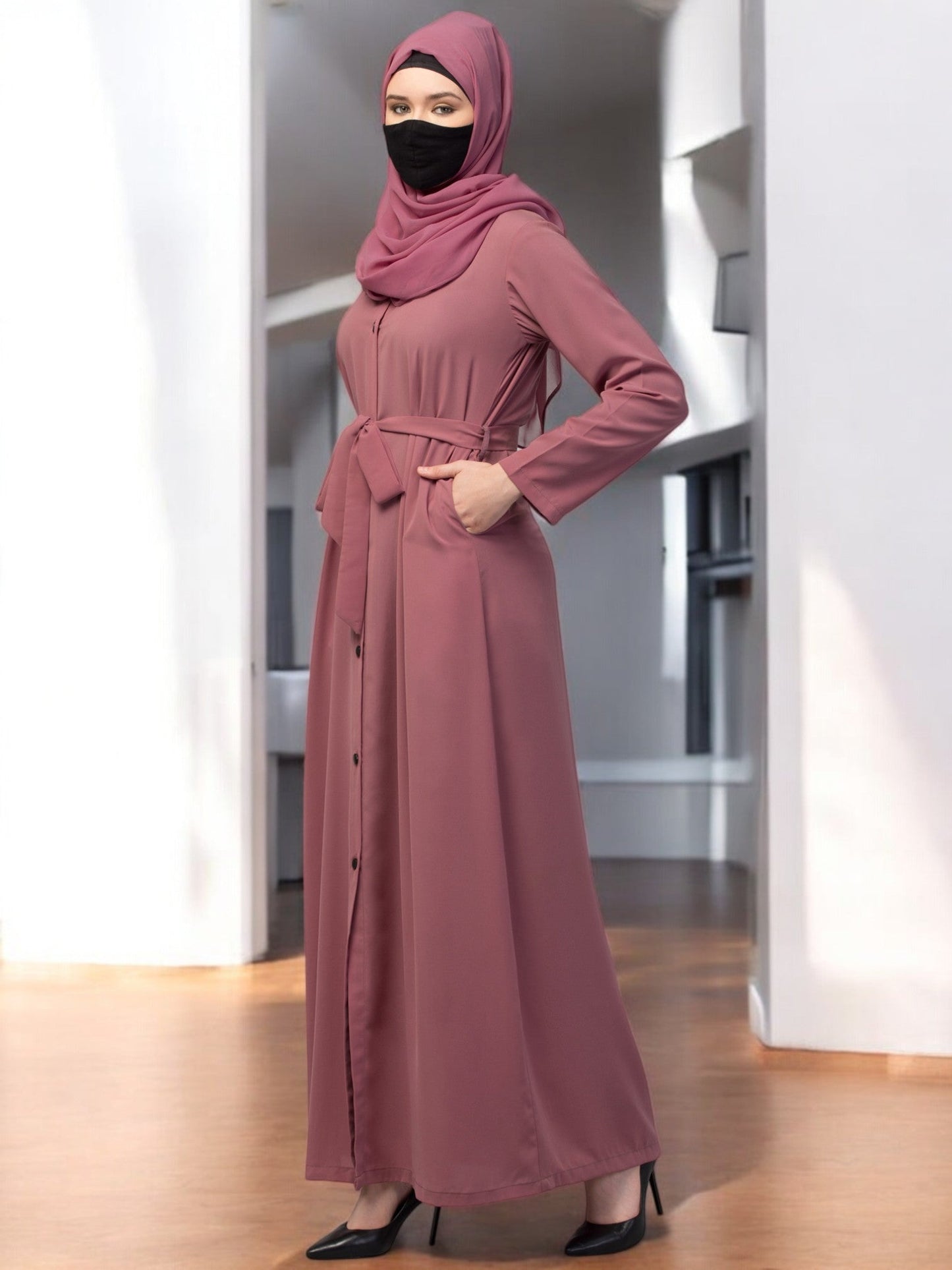 Front Open Abaya With Matching Fabric Belt