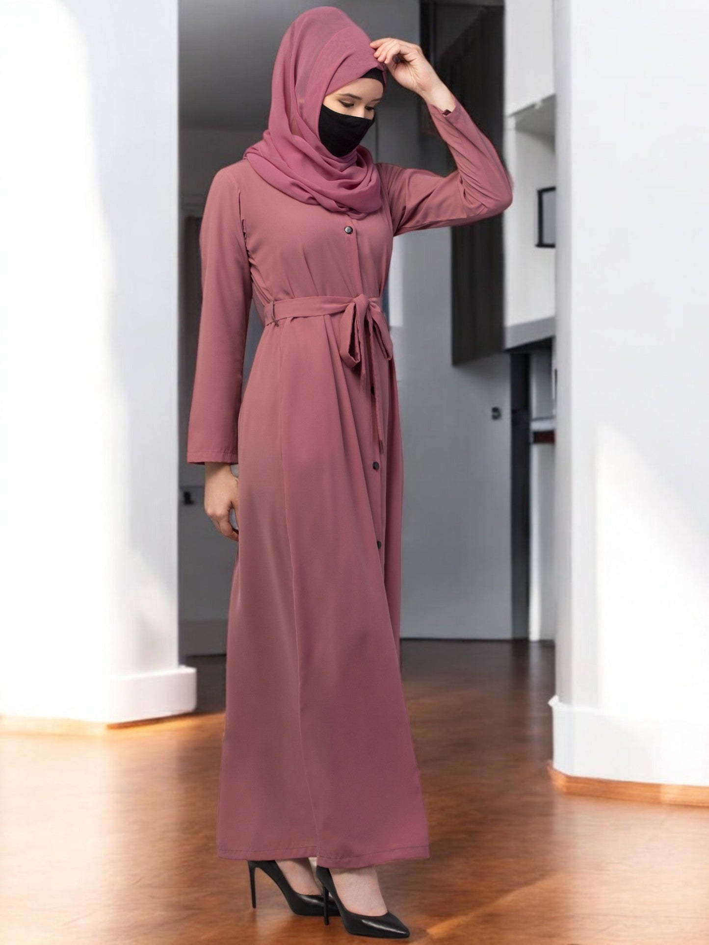 Front Open Abaya With Matching Fabric Belt