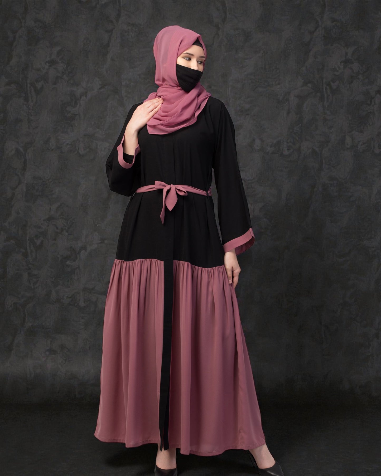Arabian Front Open Abaya in Dual Color with Matching Belt