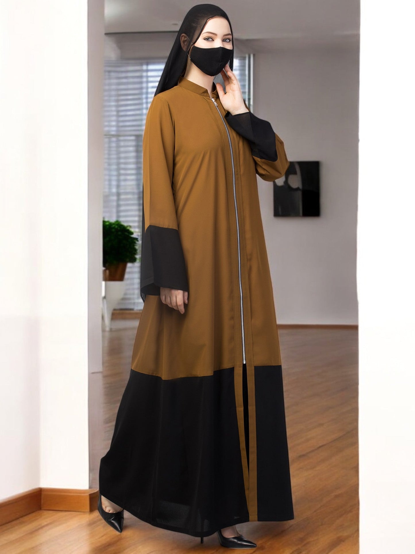 Front Open Abaya With Metal Zipper.