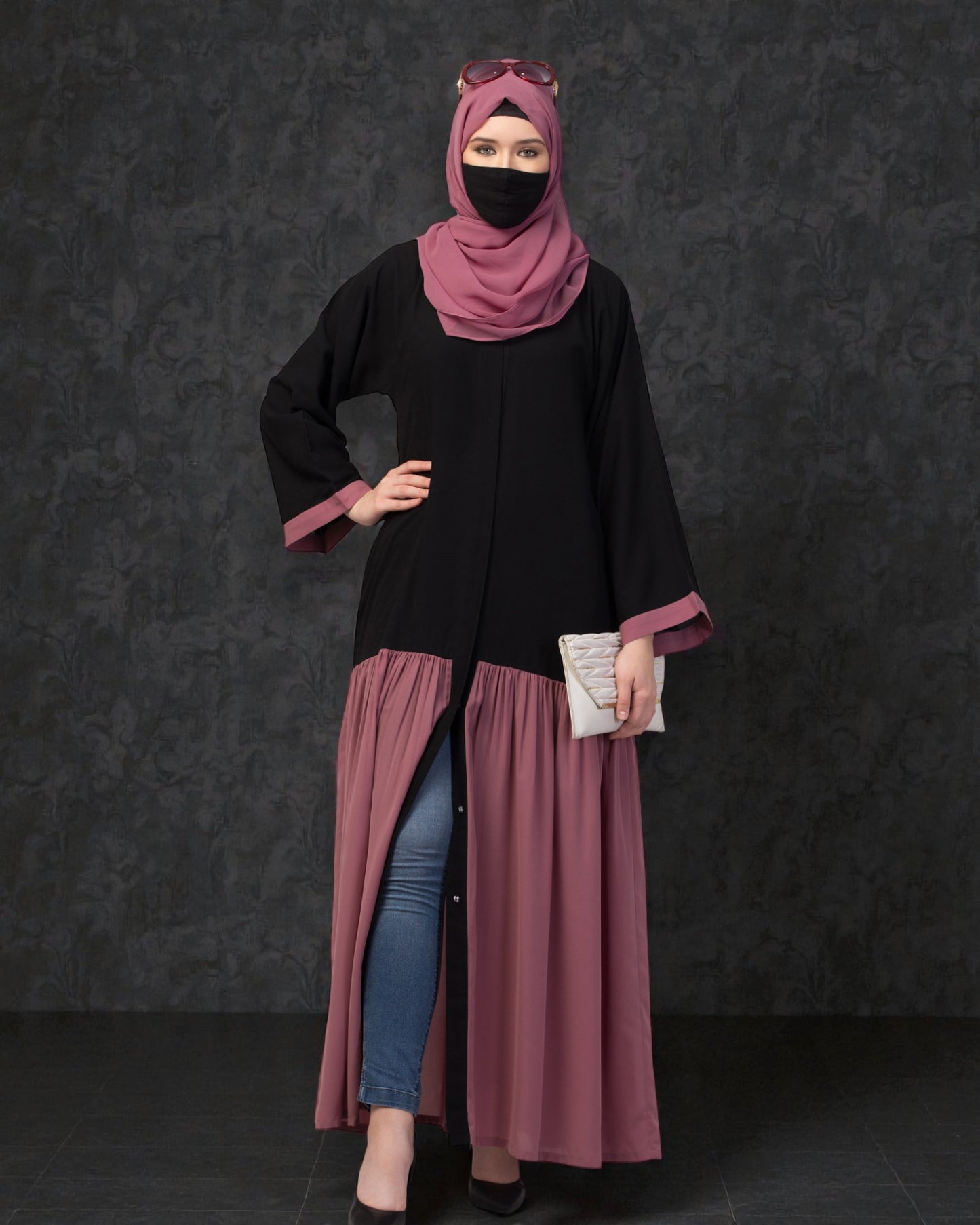 Arabian Front Open Abaya in Dual Color with Matching Belt