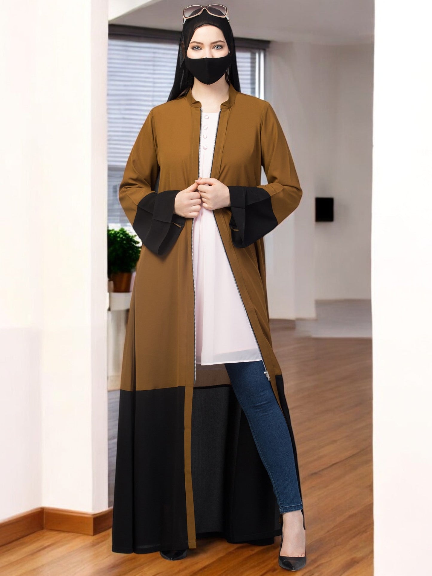 Front Open Abaya With Metal Zipper.