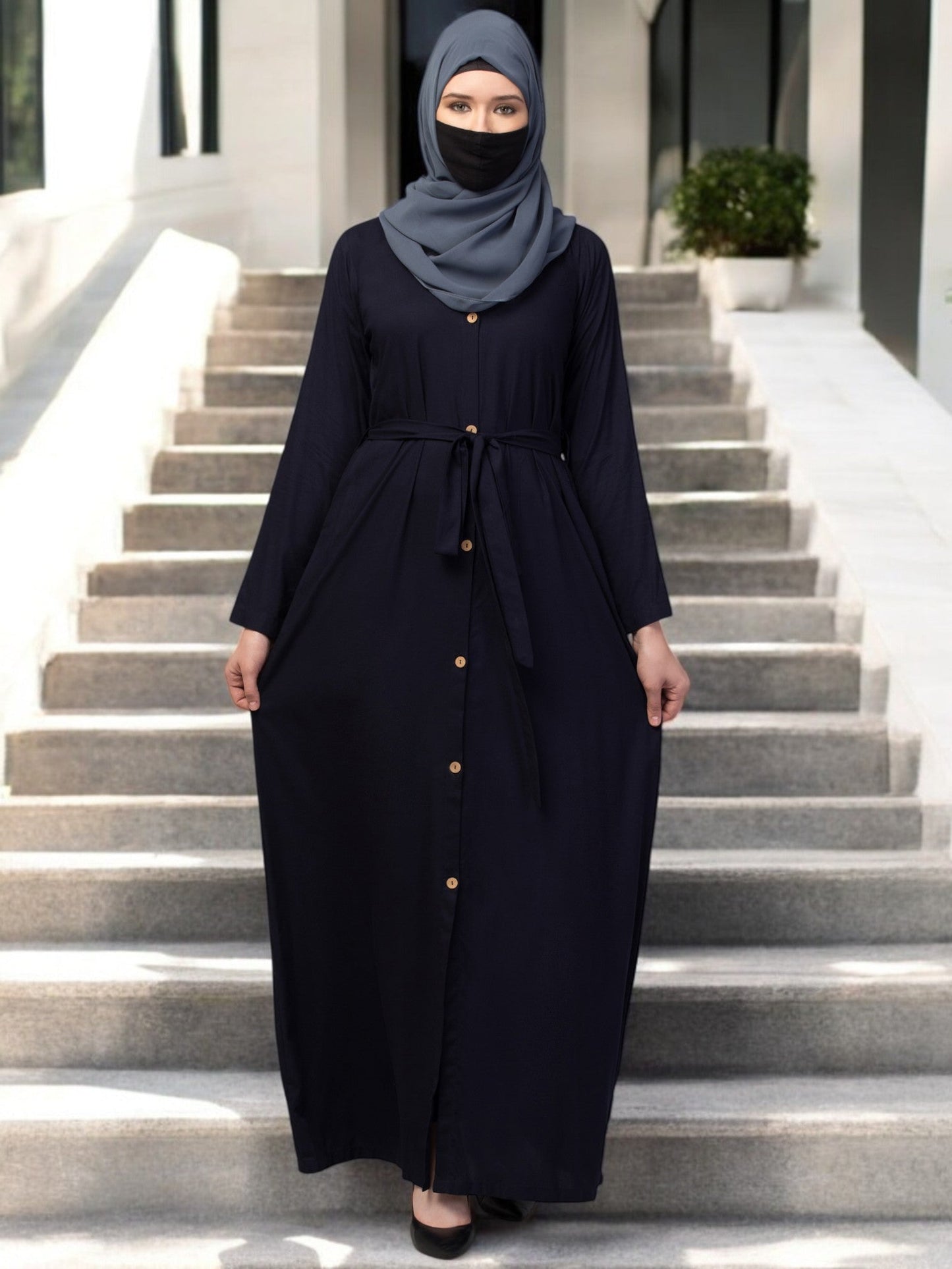 Elegant Front Open Abaya Dress with Wooden Button