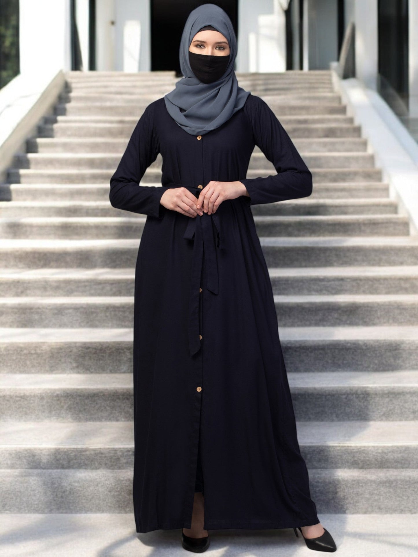 Elegant Front Open Abaya Dress with Wooden Button