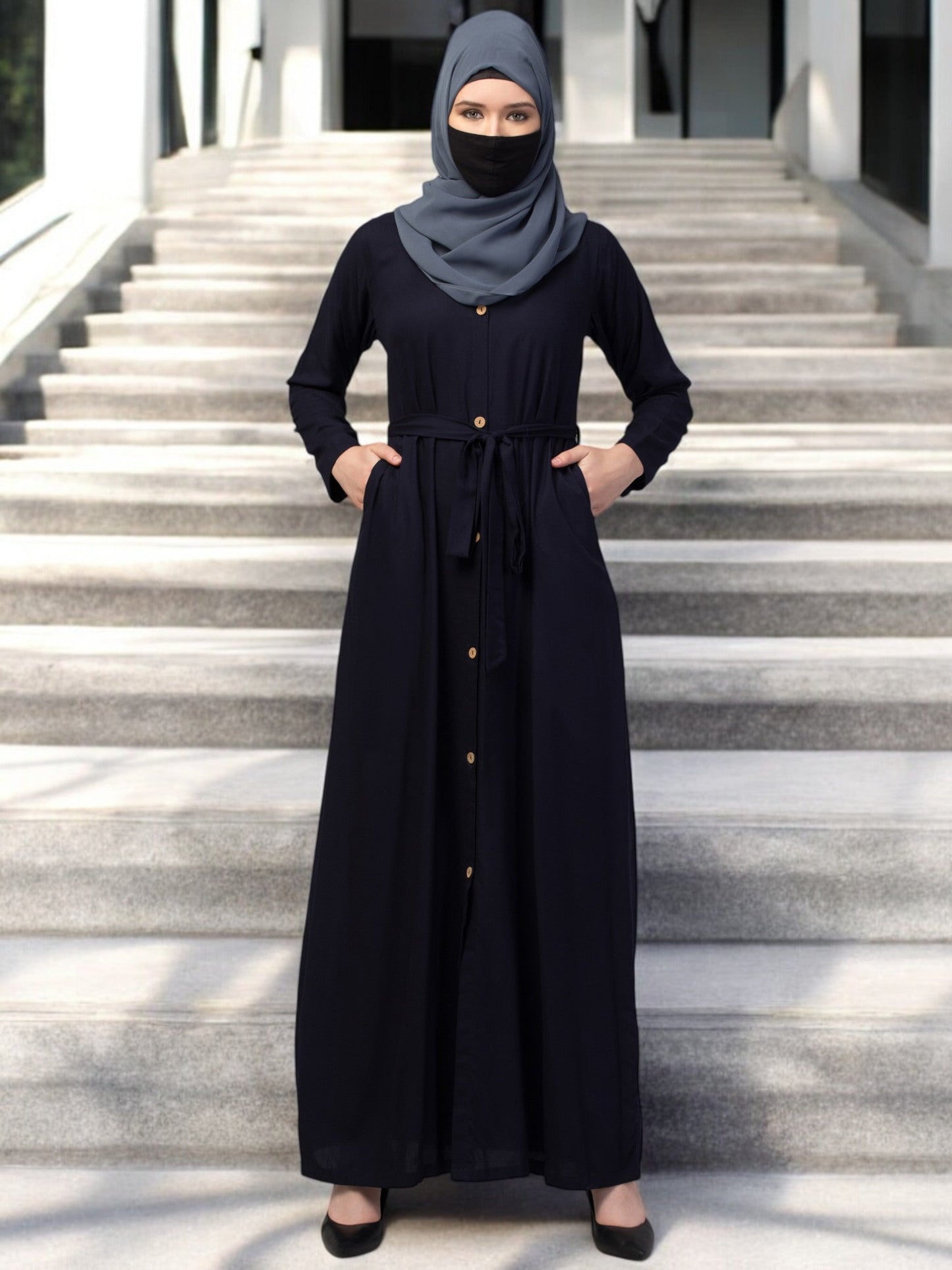 Elegant Front Open Abaya Dress with Wooden Button