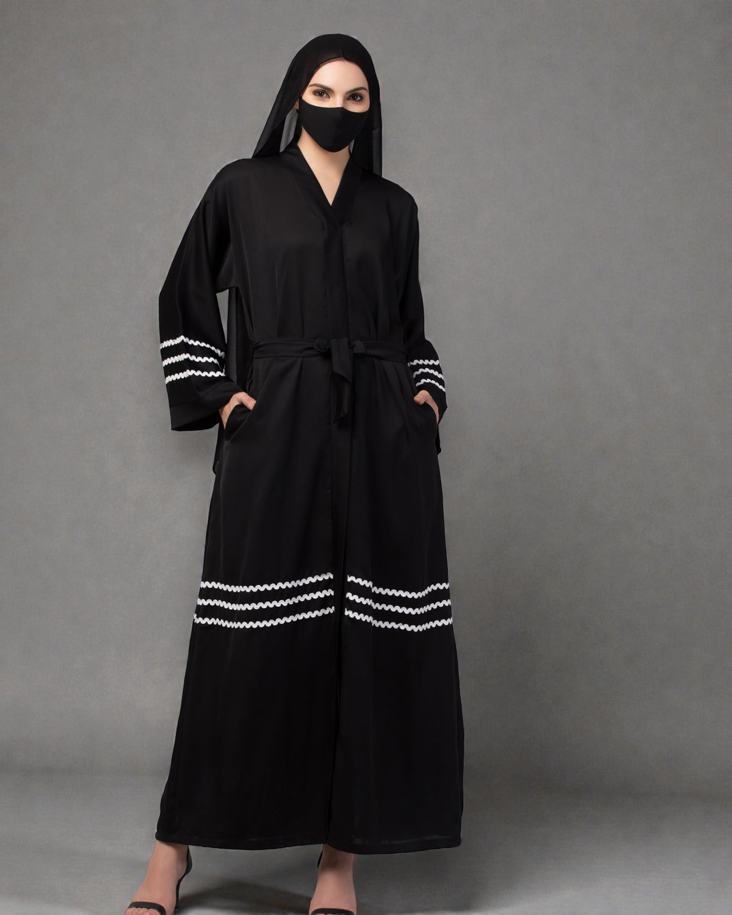 "Zig-Zag Lace Front Open Abaya in Nida Fabric with Matching Stole Hijab"