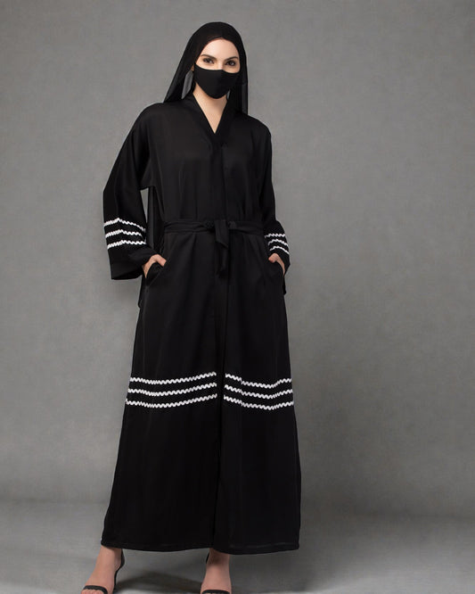 "Zig-Zag Lace Front Open Abaya in Nida Fabric with Matching Stole Hijab"