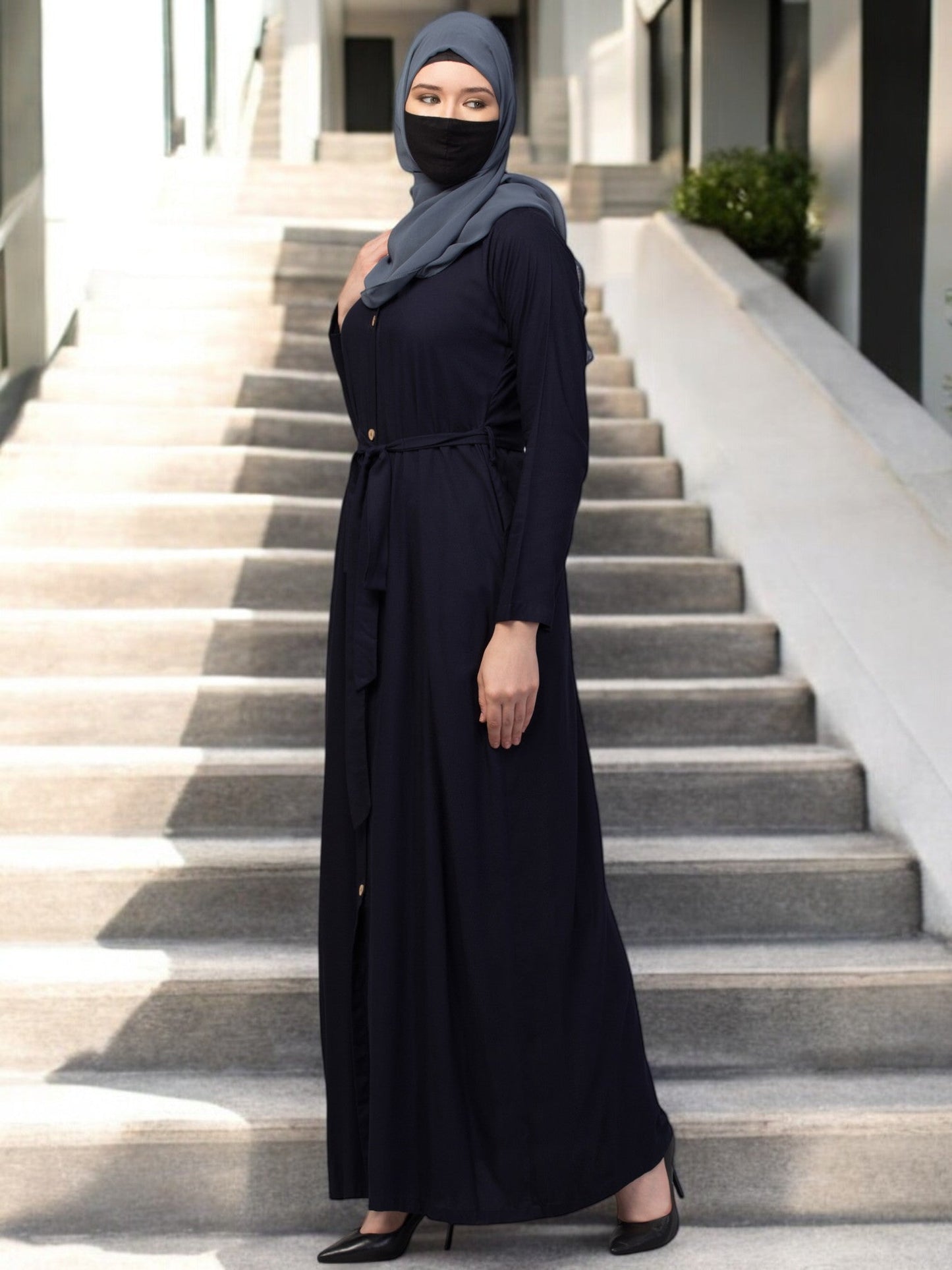 Elegant Front Open Abaya Dress with Wooden Button