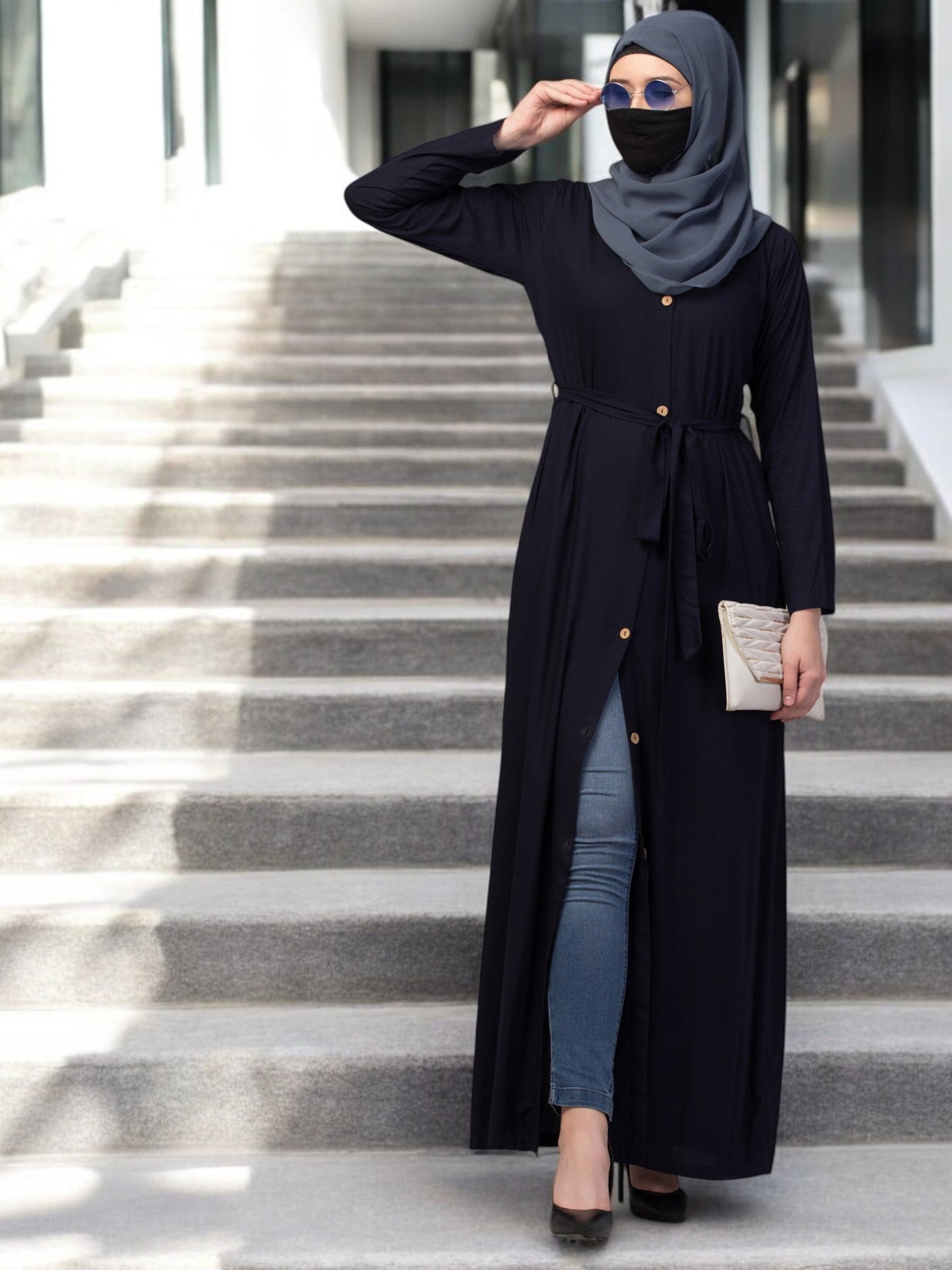 Elegant Front Open Abaya Dress with Wooden Button