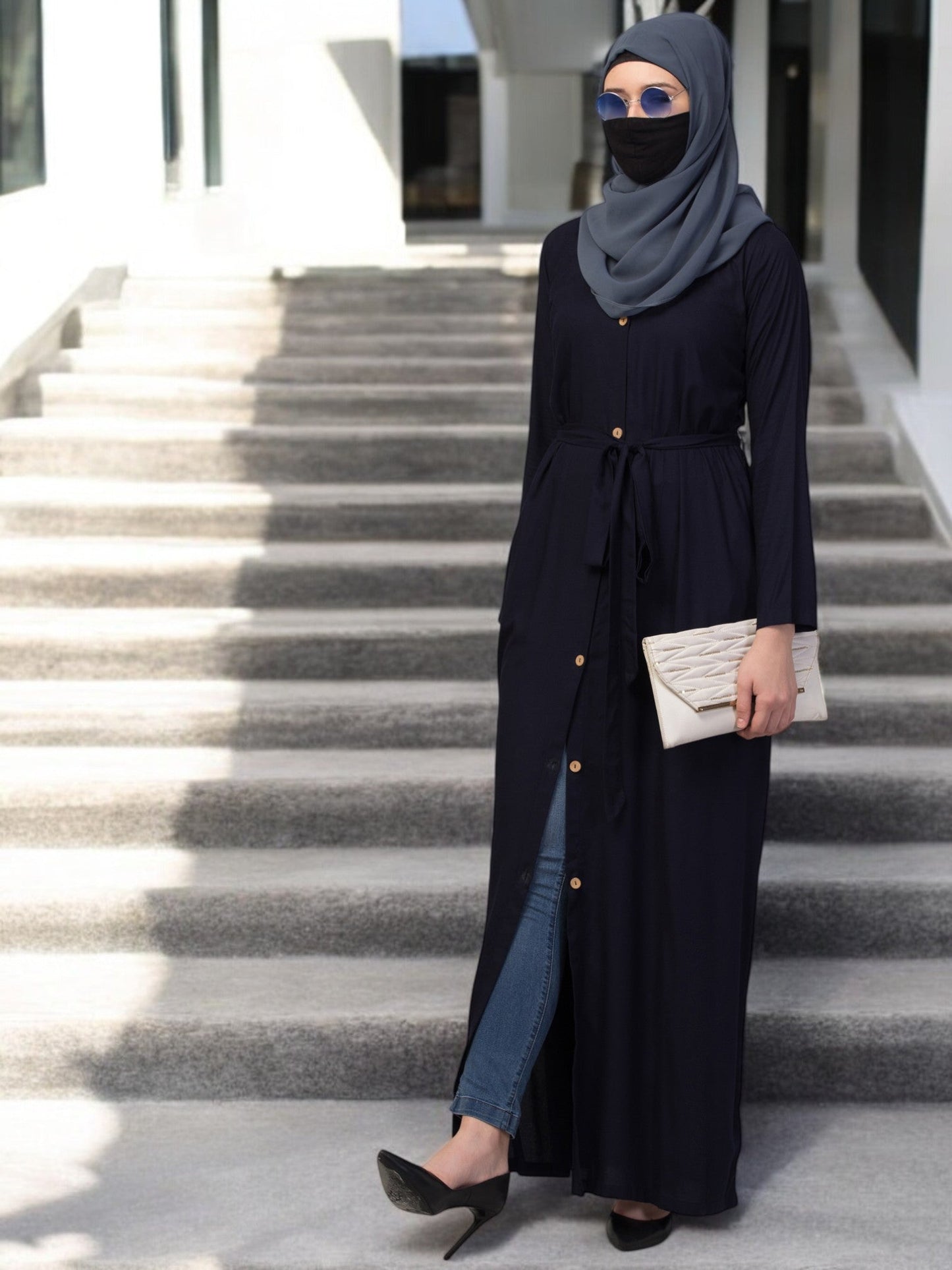 Elegant Front Open Abaya Dress with Wooden Button