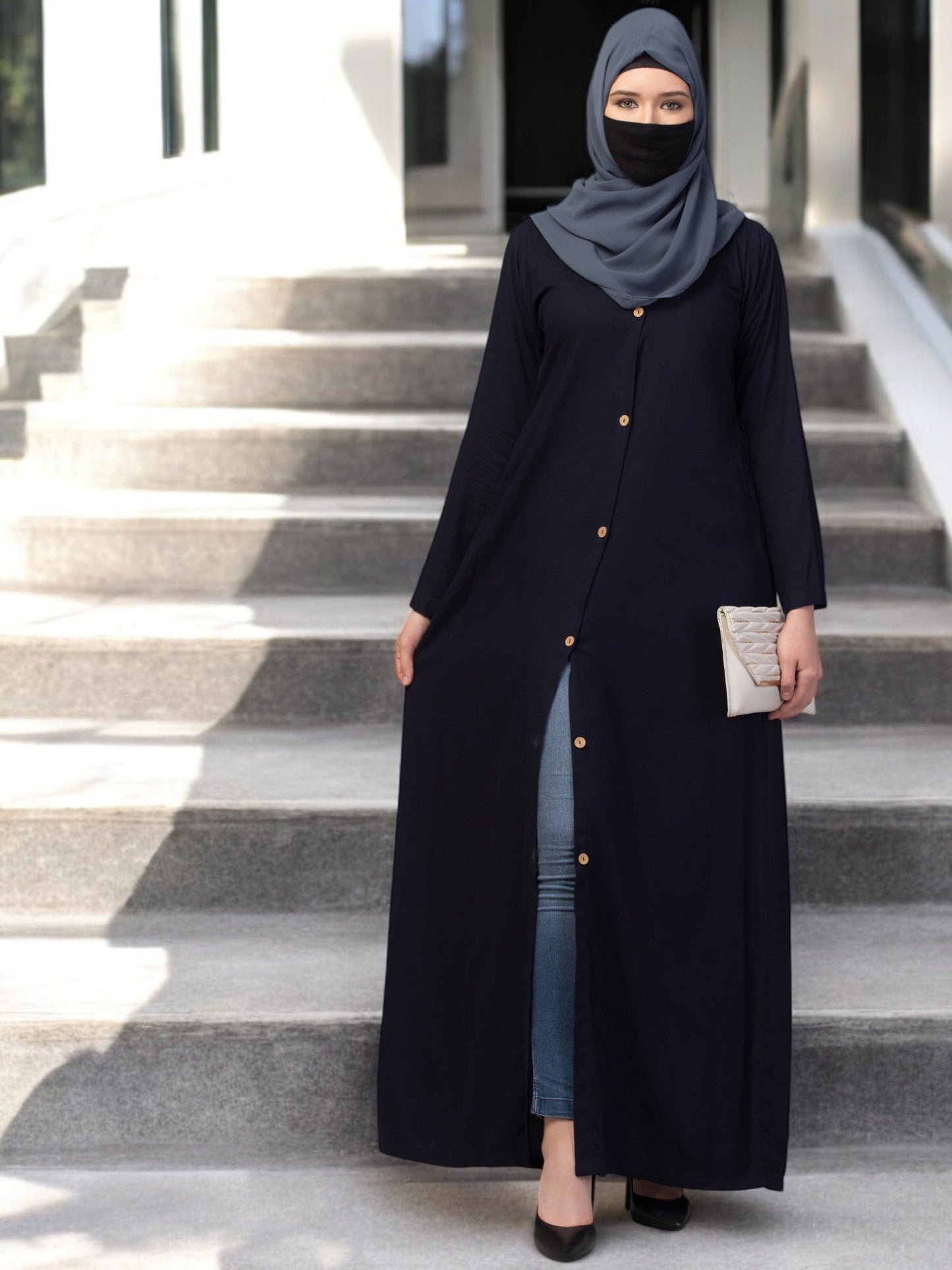 Elegant Front Open Abaya Dress with Wooden Button