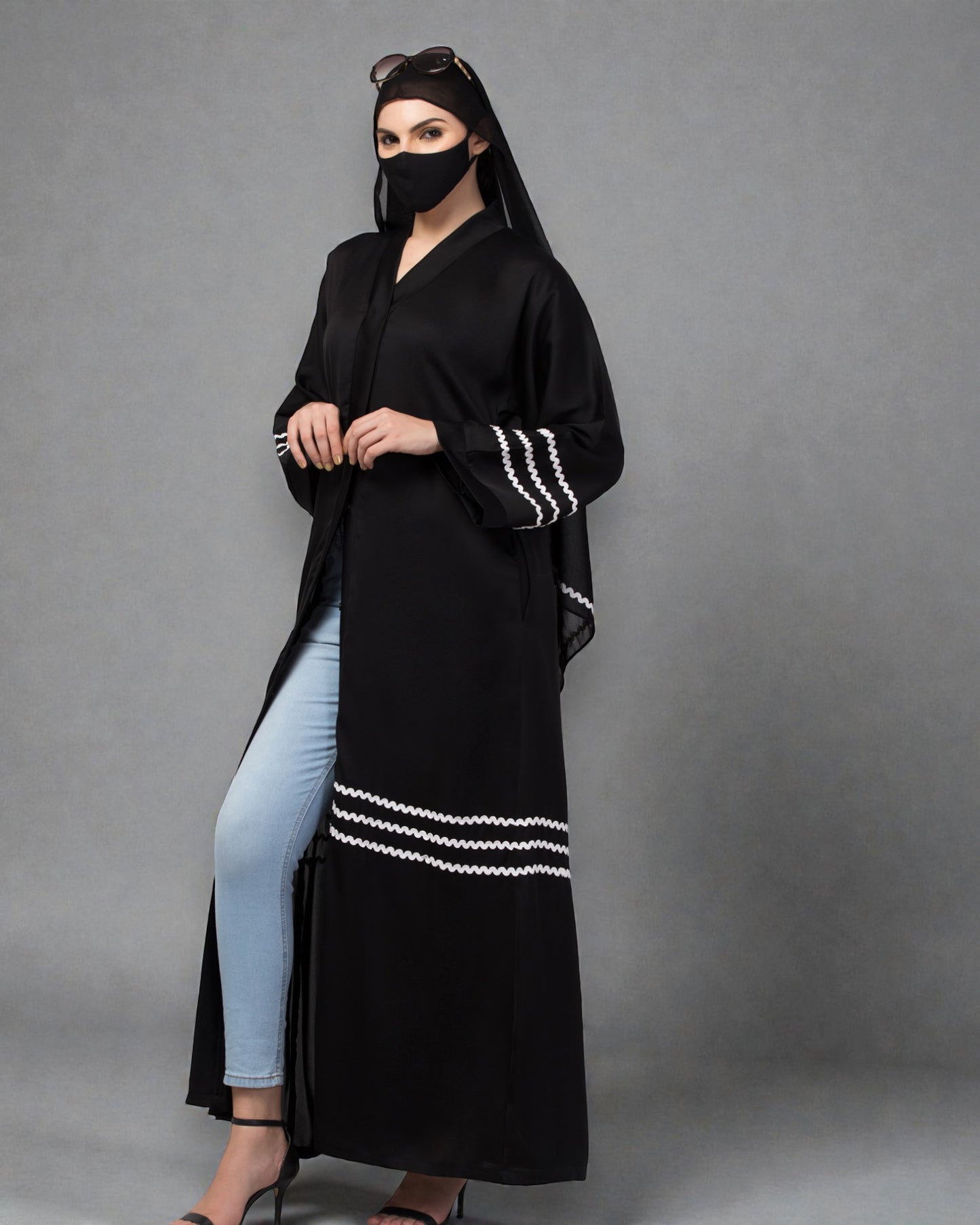 "Zig-Zag Lace Front Open Abaya in Nida Fabric with Matching Stole Hijab"