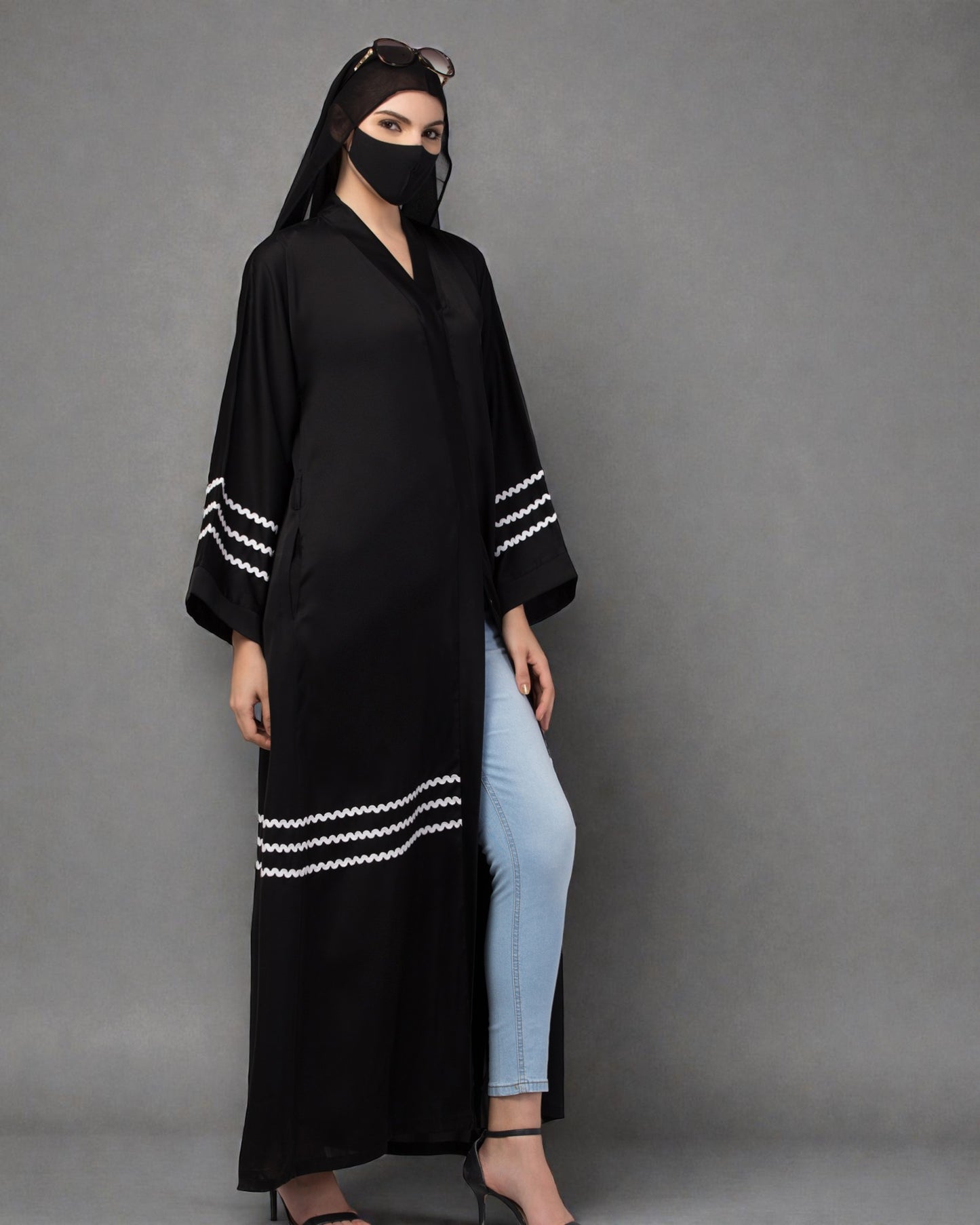 "Zig-Zag Lace Front Open Abaya in Nida Fabric with Matching Stole Hijab"