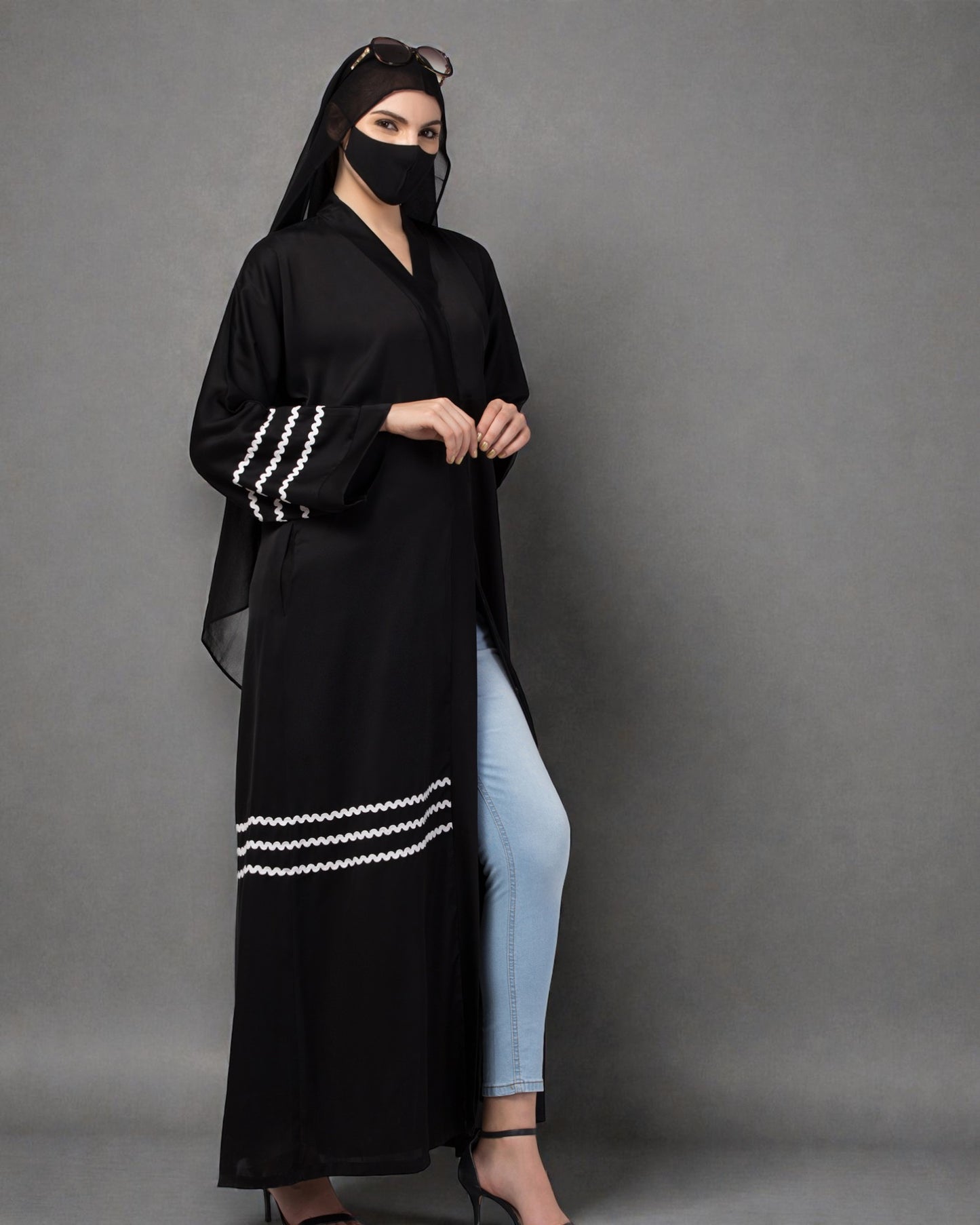 "Zig-Zag Lace Front Open Abaya in Nida Fabric with Matching Stole Hijab"