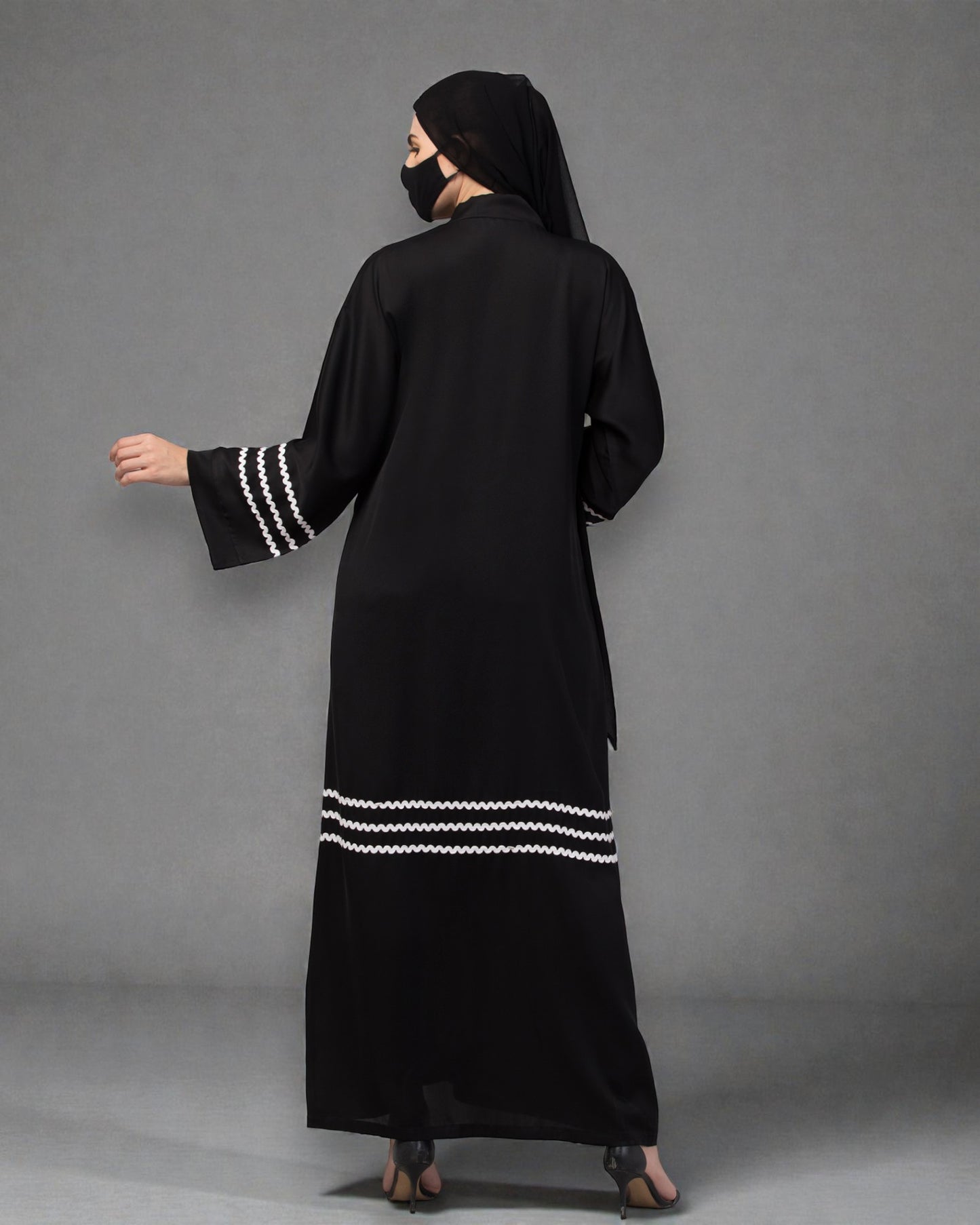 "Zig-Zag Lace Front Open Abaya in Nida Fabric with Matching Stole Hijab"