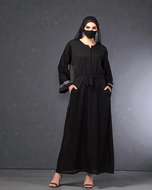 "Nida Satin Closed Abaya: Silver Lace Sleeves, Wide Sleeves, and Matching Stole"